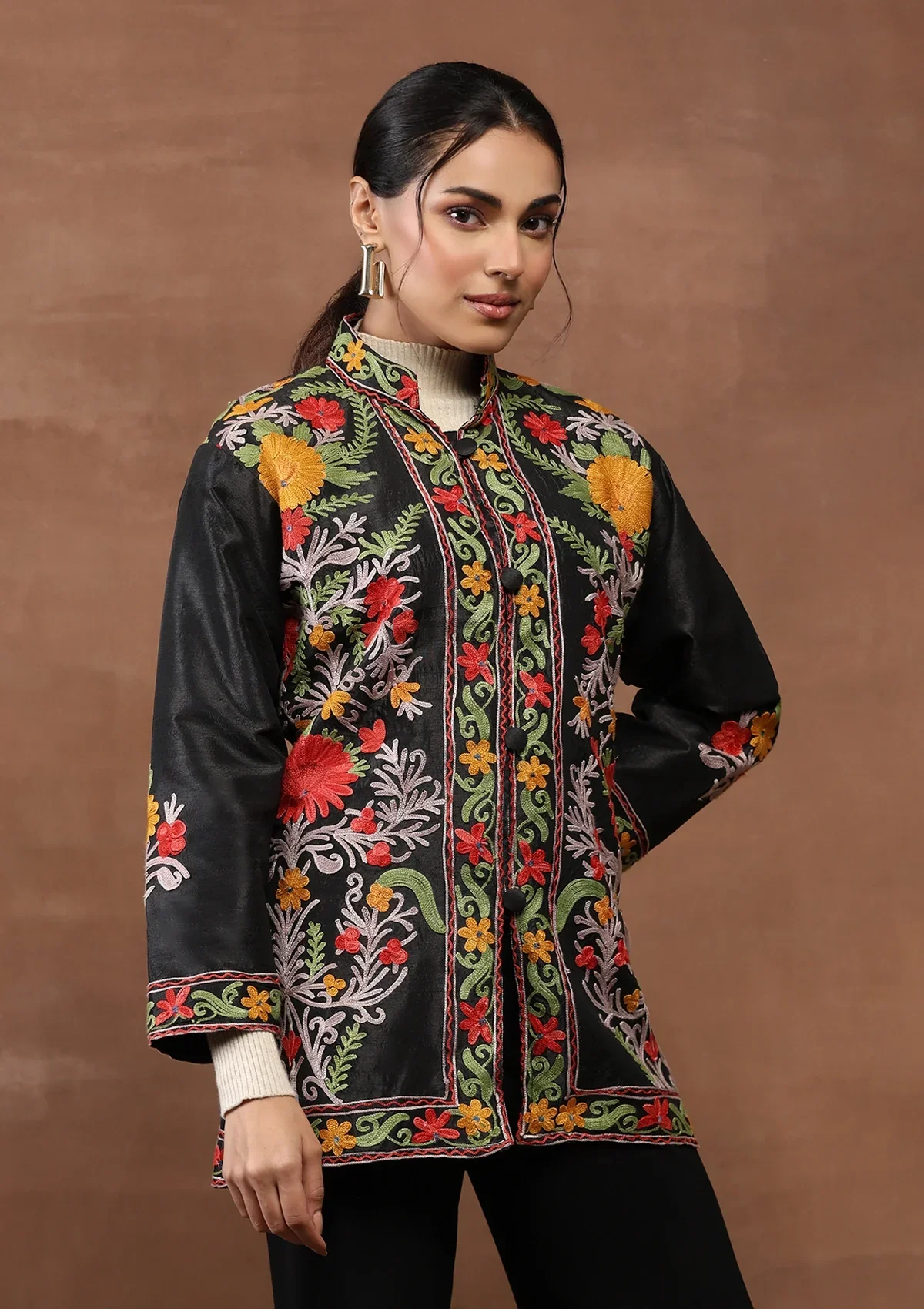 HOC Art Silk Aari Embroidered Solid Women's Jacket-Black - Image 3