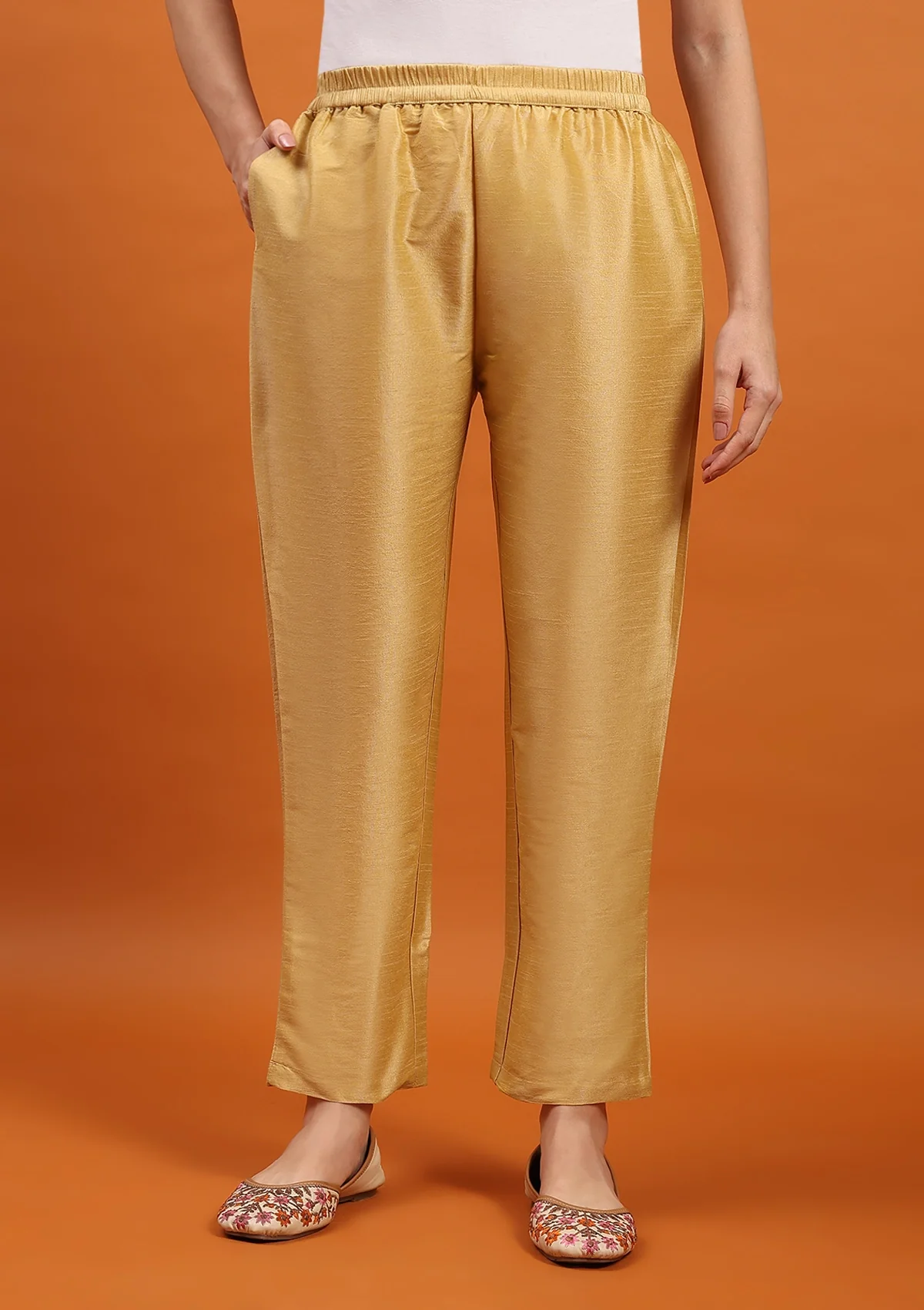 HOC Art Silk Solid Women's Pants - Golden