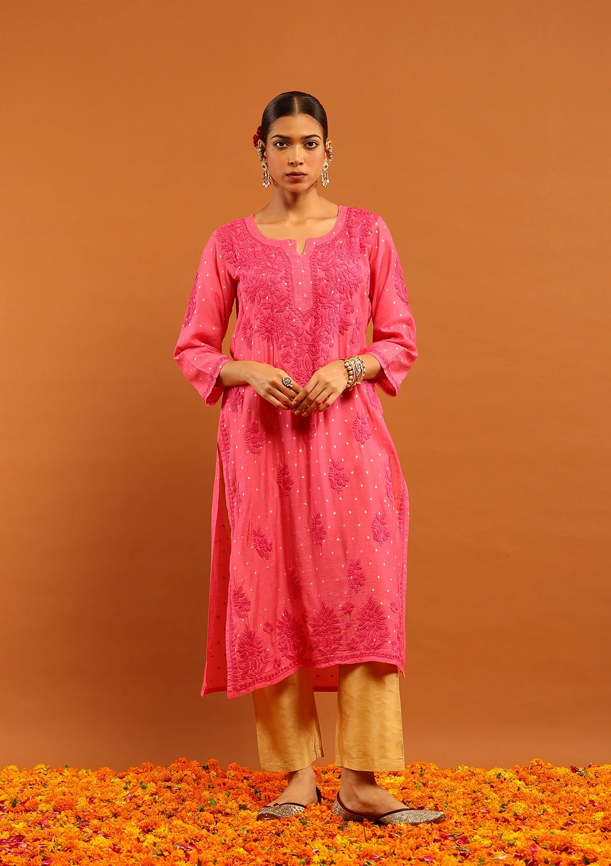 HOC Banarasi Chanderi Chikankari Solid Women's Long Kurta- Dark Pink