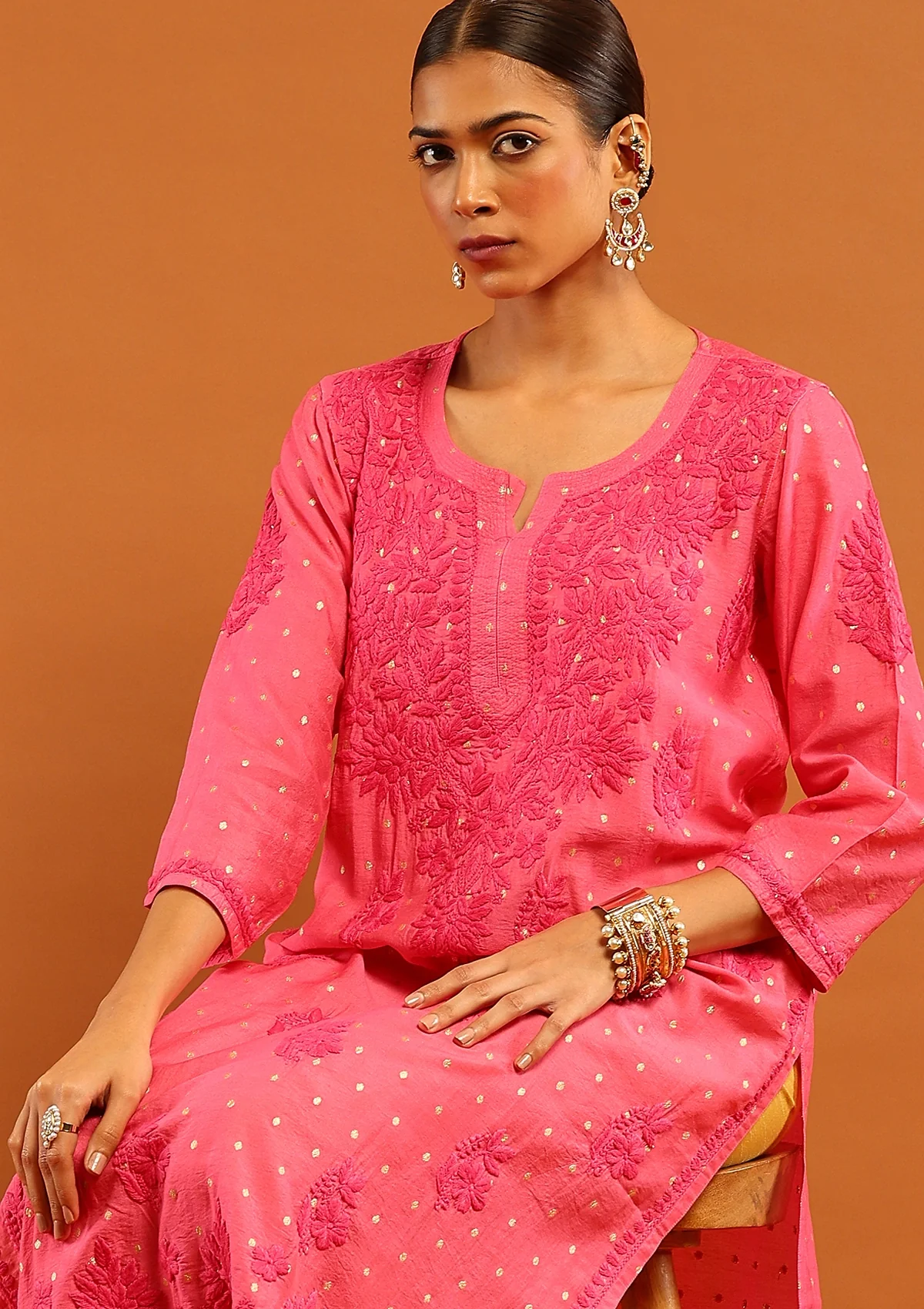 HOC Banarasi Chanderi Chikankari Solid Women's Long Kurta- Dark Pink - Image 2