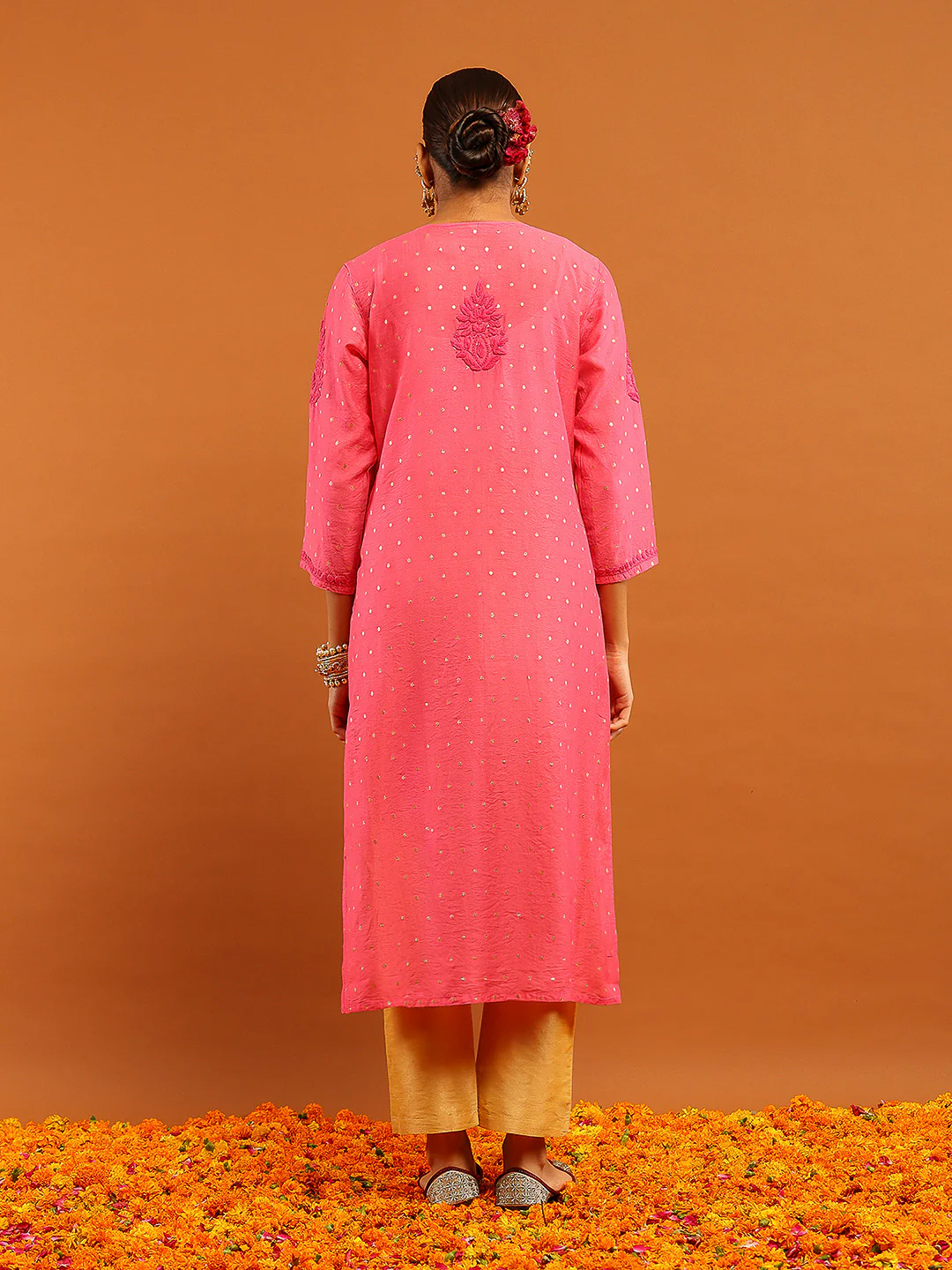 HOC Banarasi Chanderi Chikankari Solid Women's Long Kurta- Dark Pink - Image 6