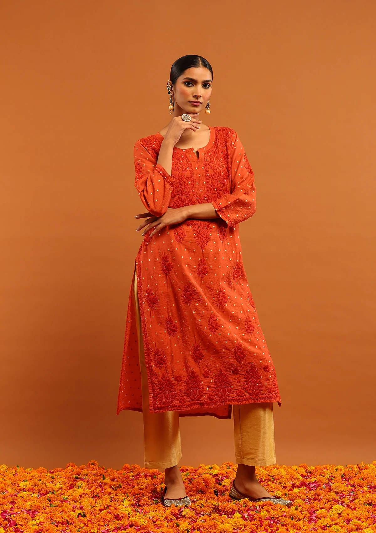 HOC Banarasi Chanderi Chikankari Solid Women's Long Kurta- Rust