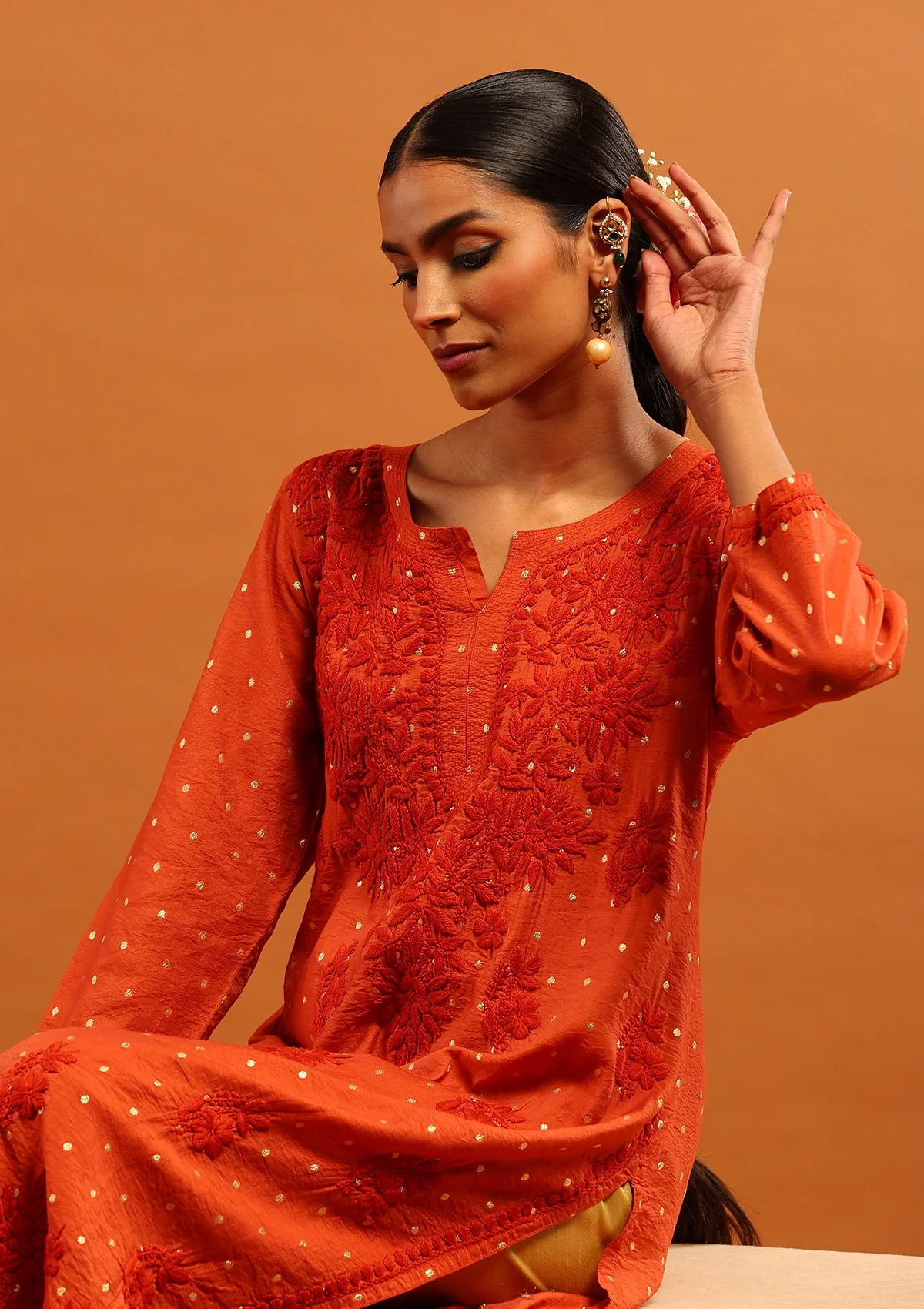 HOC Banarasi Chanderi Chikankari Solid Women's Long Kurta- Rust - Image 2