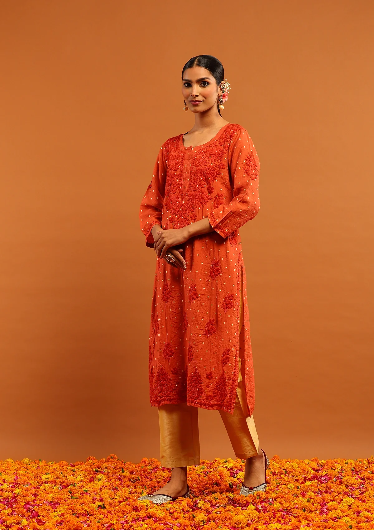 HOC Banarasi Chanderi Chikankari Solid Women's Long Kurta- Rust - Image 3