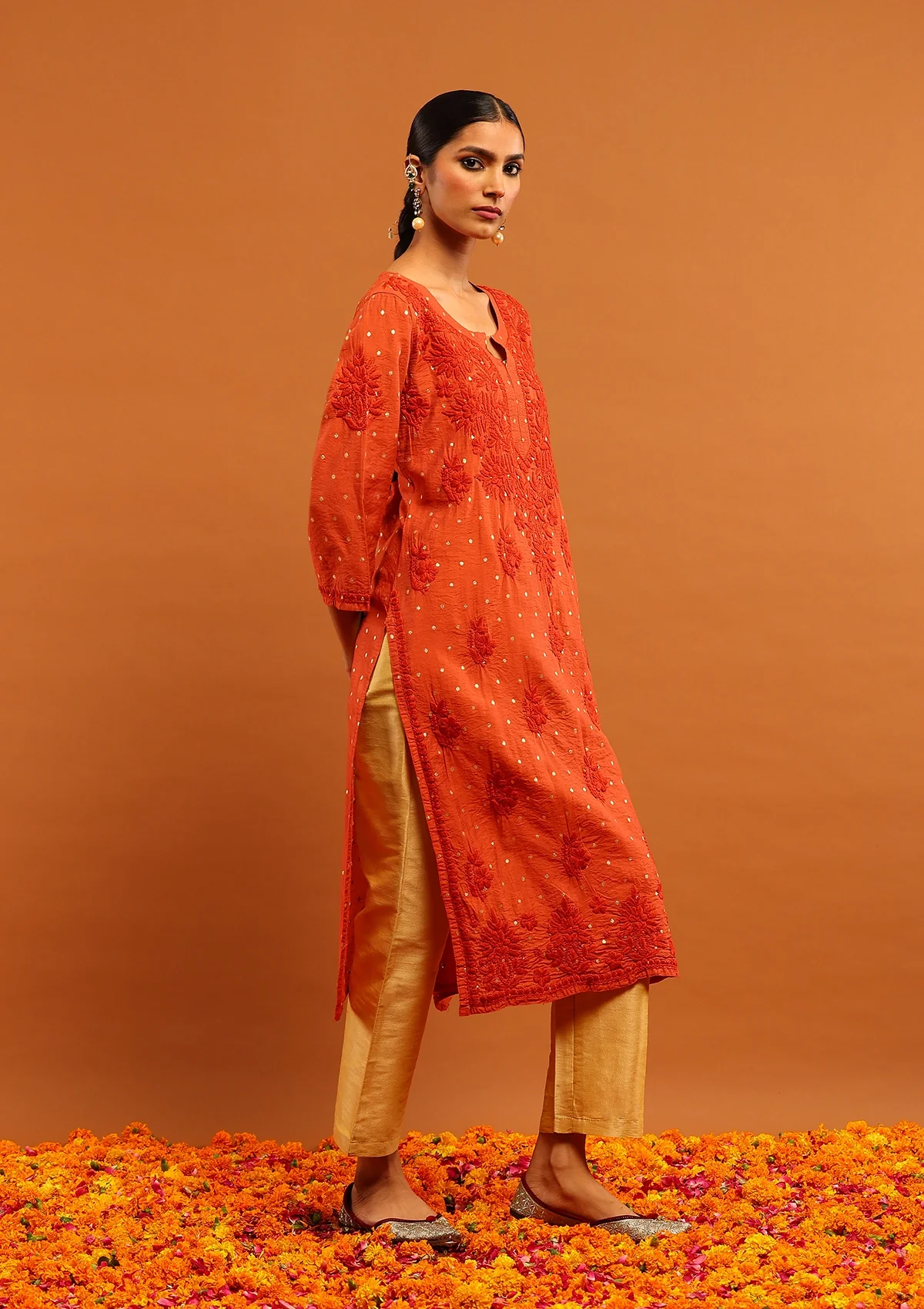 HOC Banarasi Chanderi Chikankari Solid Women's Long Kurta- Rust - Image 4