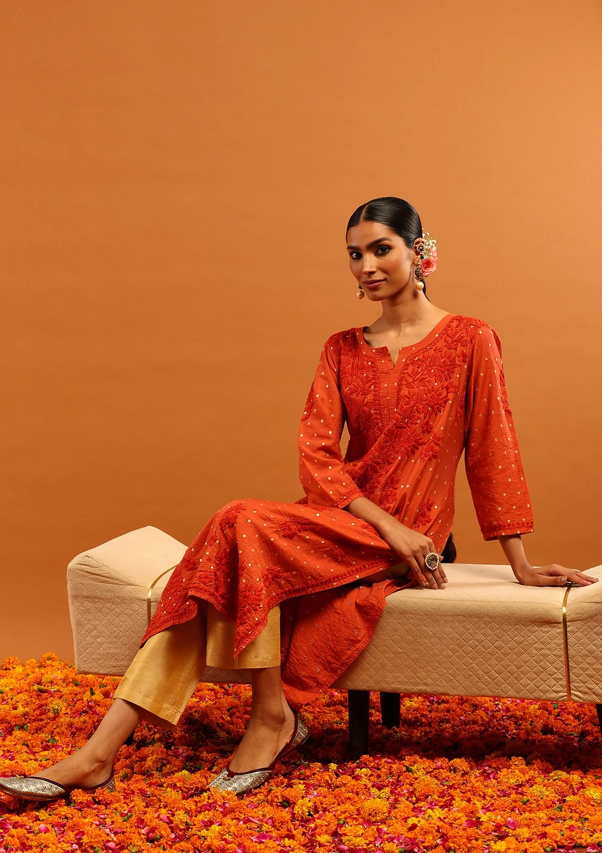 HOC Banarasi Chanderi Chikankari Solid Women's Long Kurta- Rust - Image 5