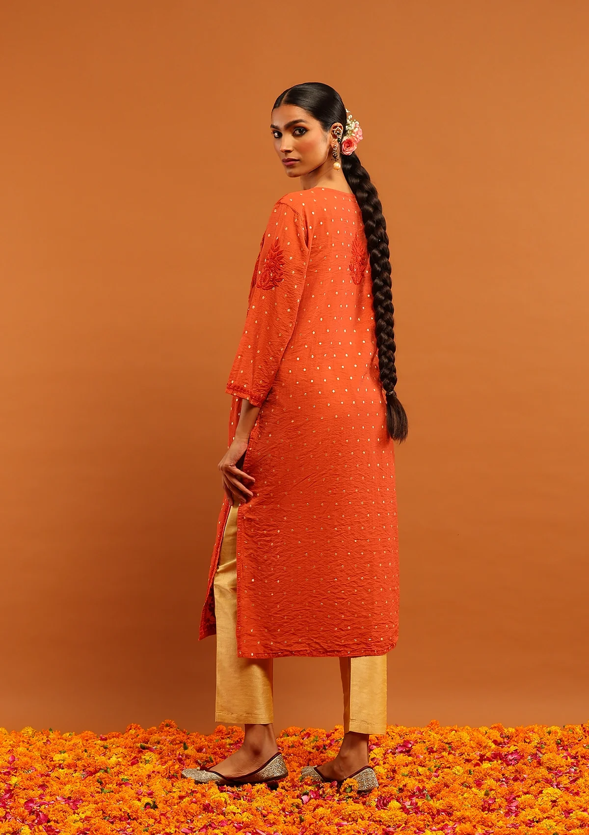 HOC Banarasi Chanderi Chikankari Solid Women's Long Kurta- Rust - Image 6