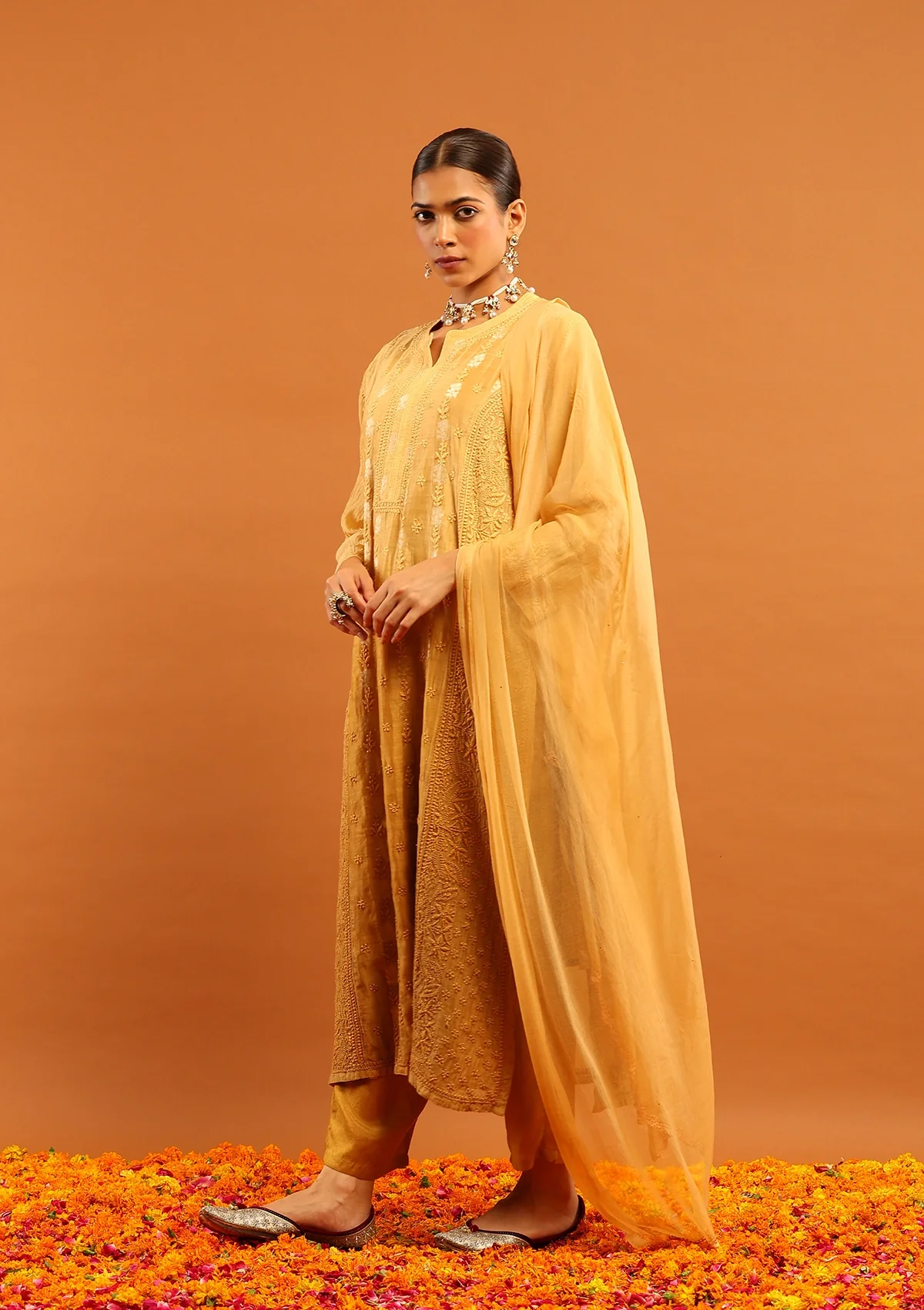 HOC Banarasi Mul Chanderi Chikankari Solid Women's 4 PC Straight Kurta Set - Yellow - Image 3