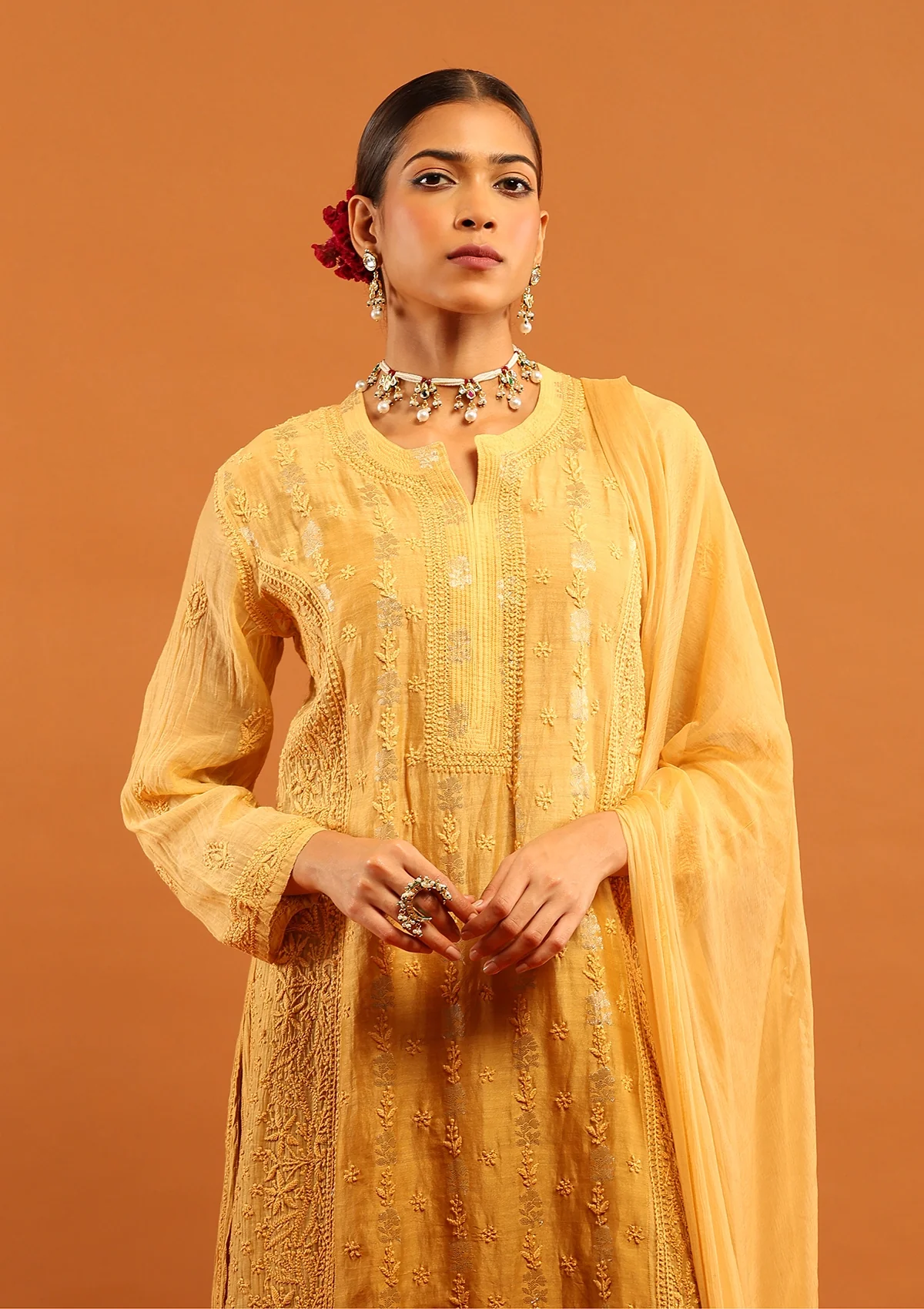 HOC Banarasi Mul Chanderi Chikankari Solid Women's 4 PC Straight Kurta Set - Yellow - Image 4