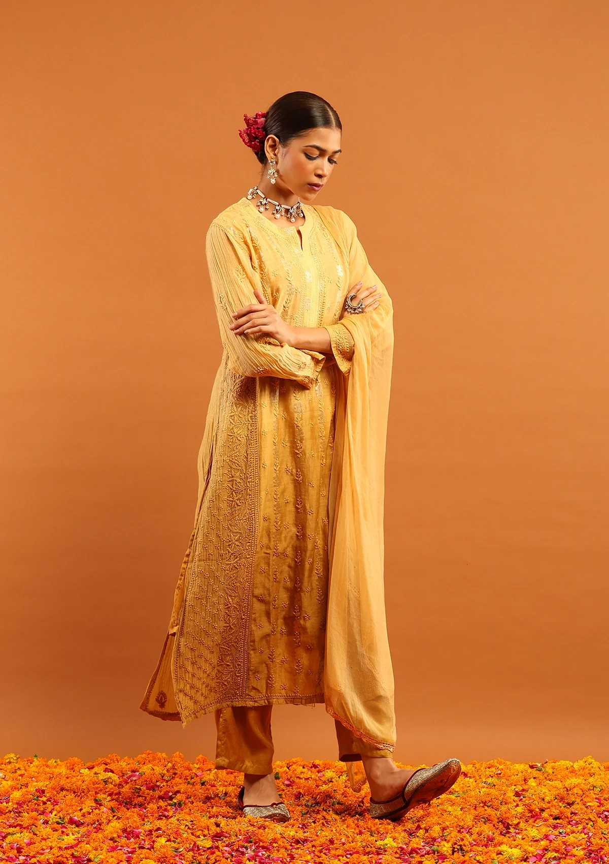 HOC Banarasi Mul Chanderi Chikankari Solid Women's 4 PC Straight Kurta Set - Yellow - Image 5