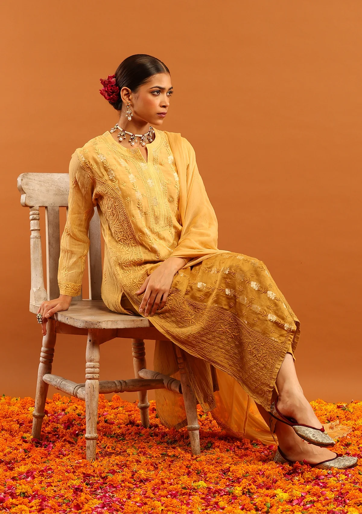 HOC Banarasi Mul Chanderi Chikankari Solid Women's 4 PC Straight Kurta Set - Yellow - Image 6