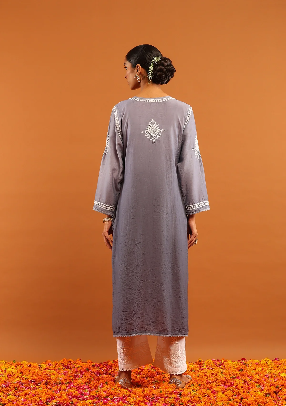 HOC Chanderi Chikankari Ombre Women's Long Kurta-Grey - Image 6