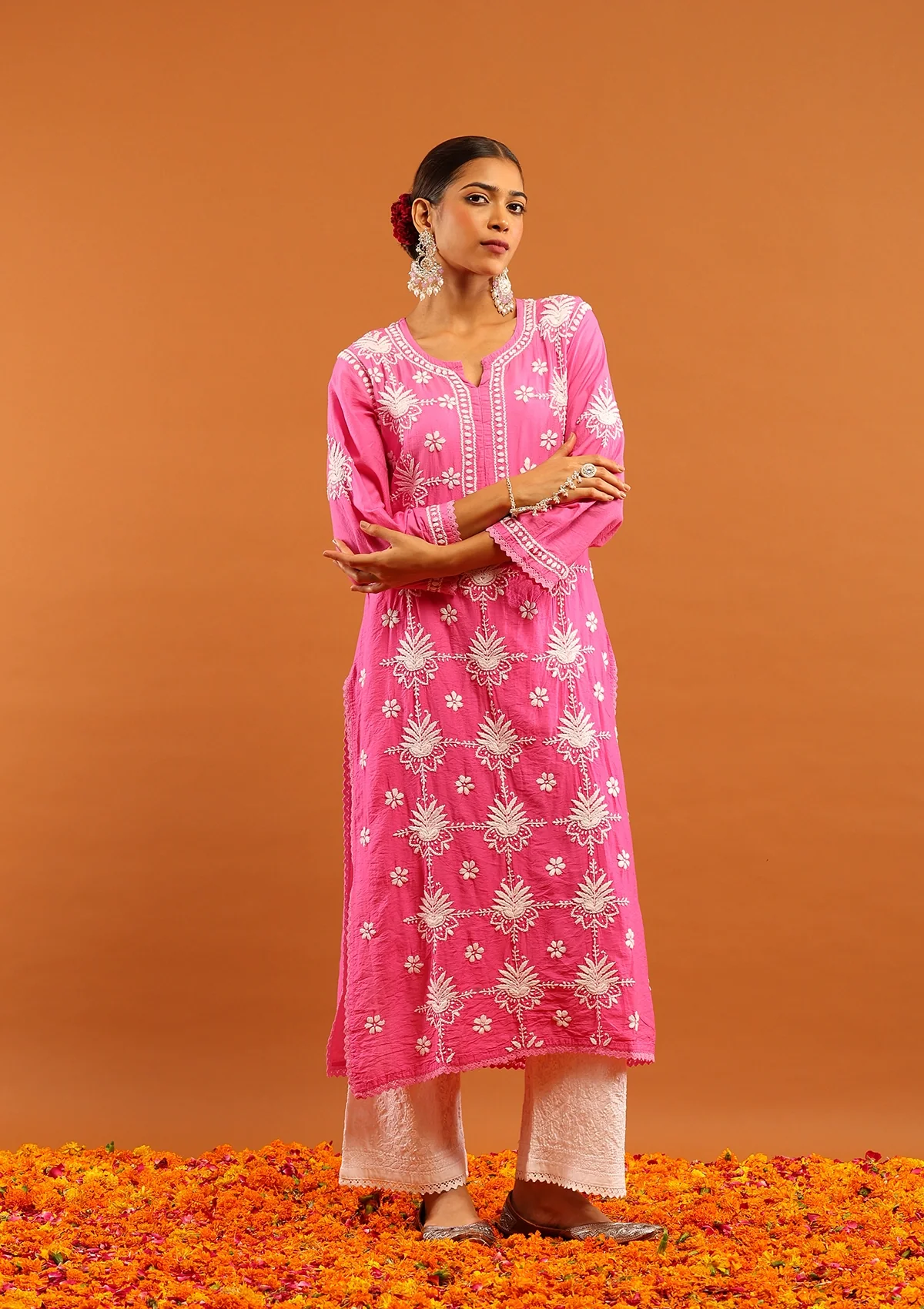 HOC Chanderi Chikankari Ombre Women's Long Kurta-Pink
