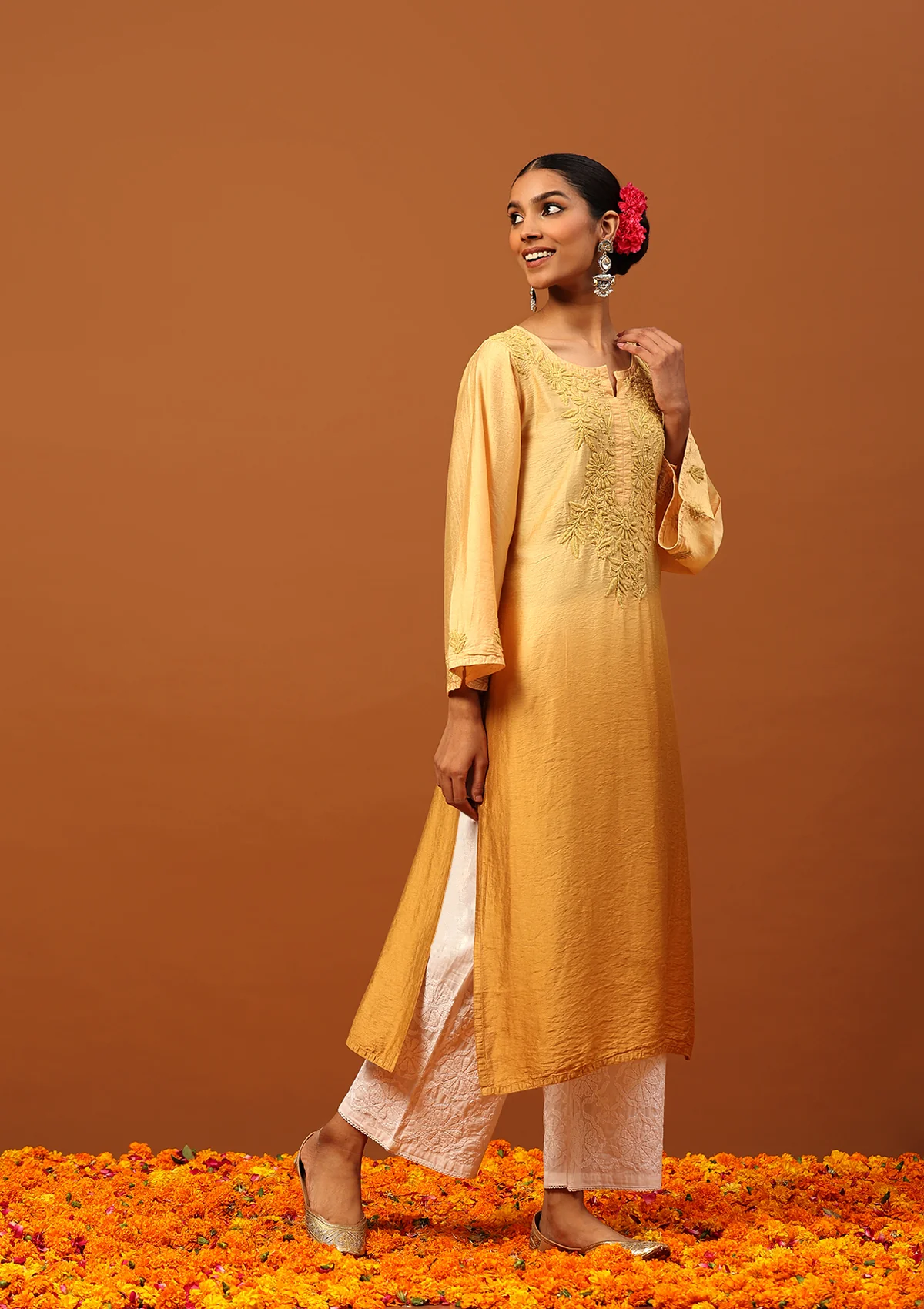 HOC Chanderi Chikankari Ombre Women's Long Kurta -Yellow - Image 3