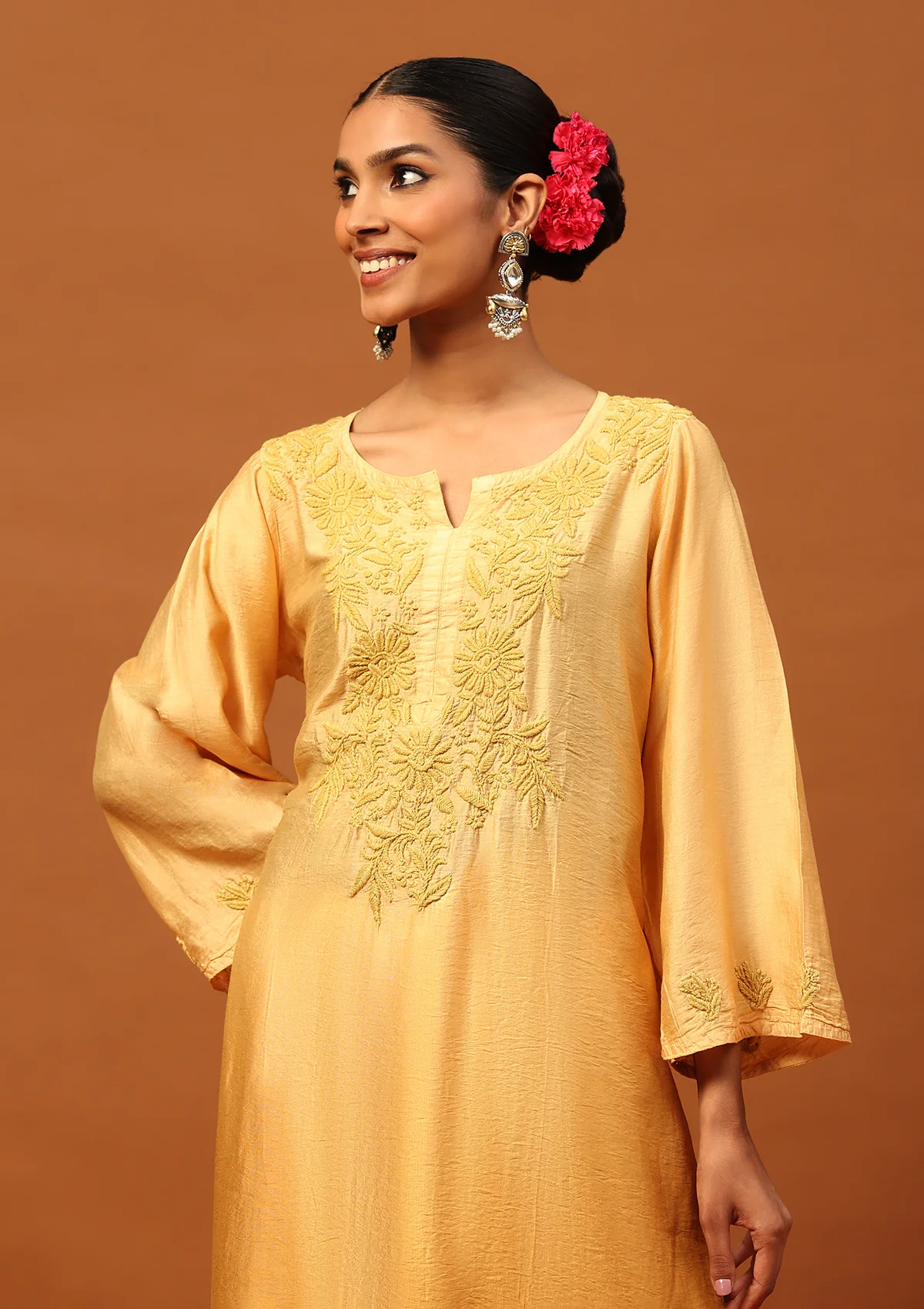 HOC Chanderi Chikankari Ombre Women's Long Kurta -Yellow - Image 4