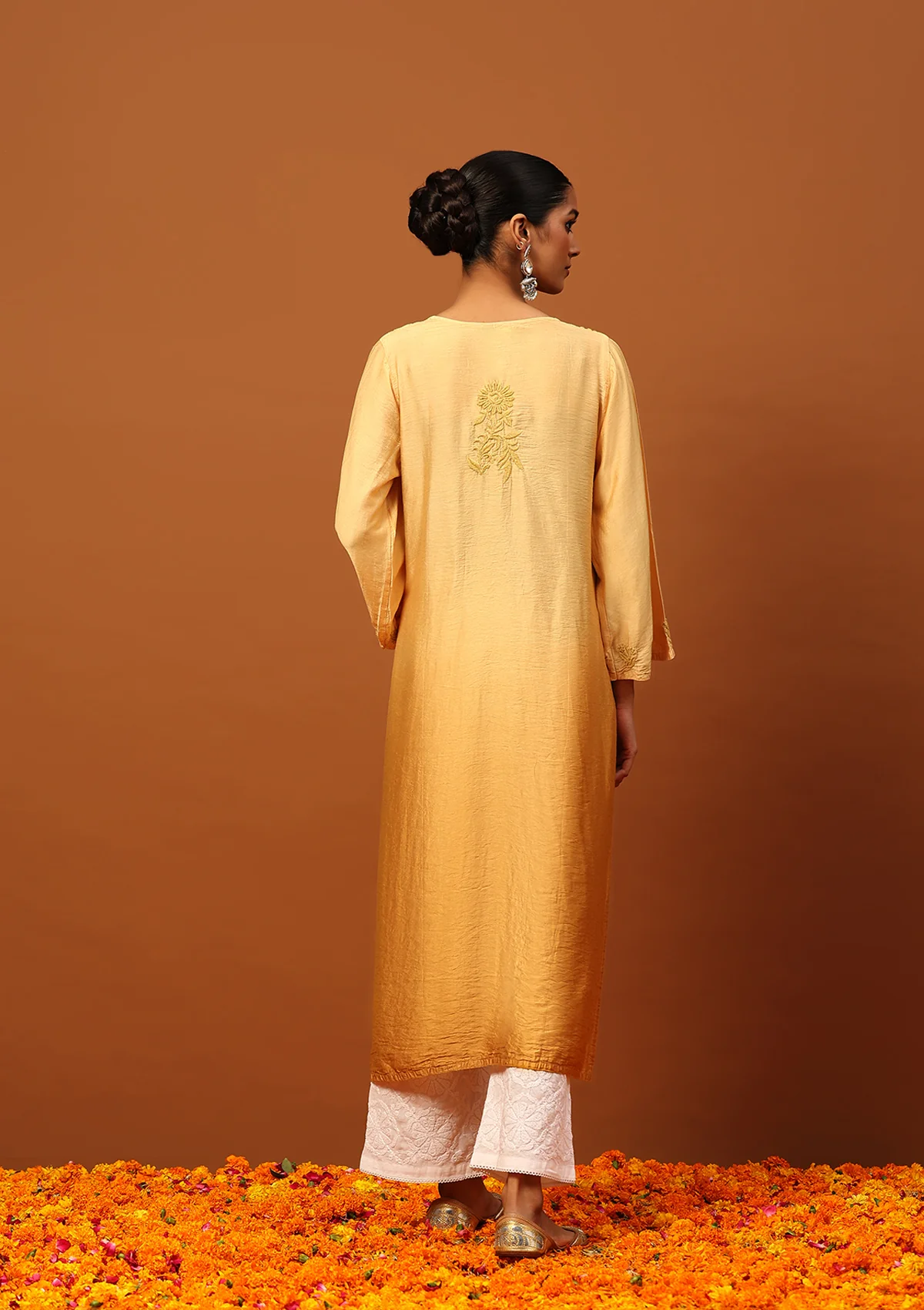 HOC Chanderi Chikankari Ombre Women's Long Kurta -Yellow - Image 5