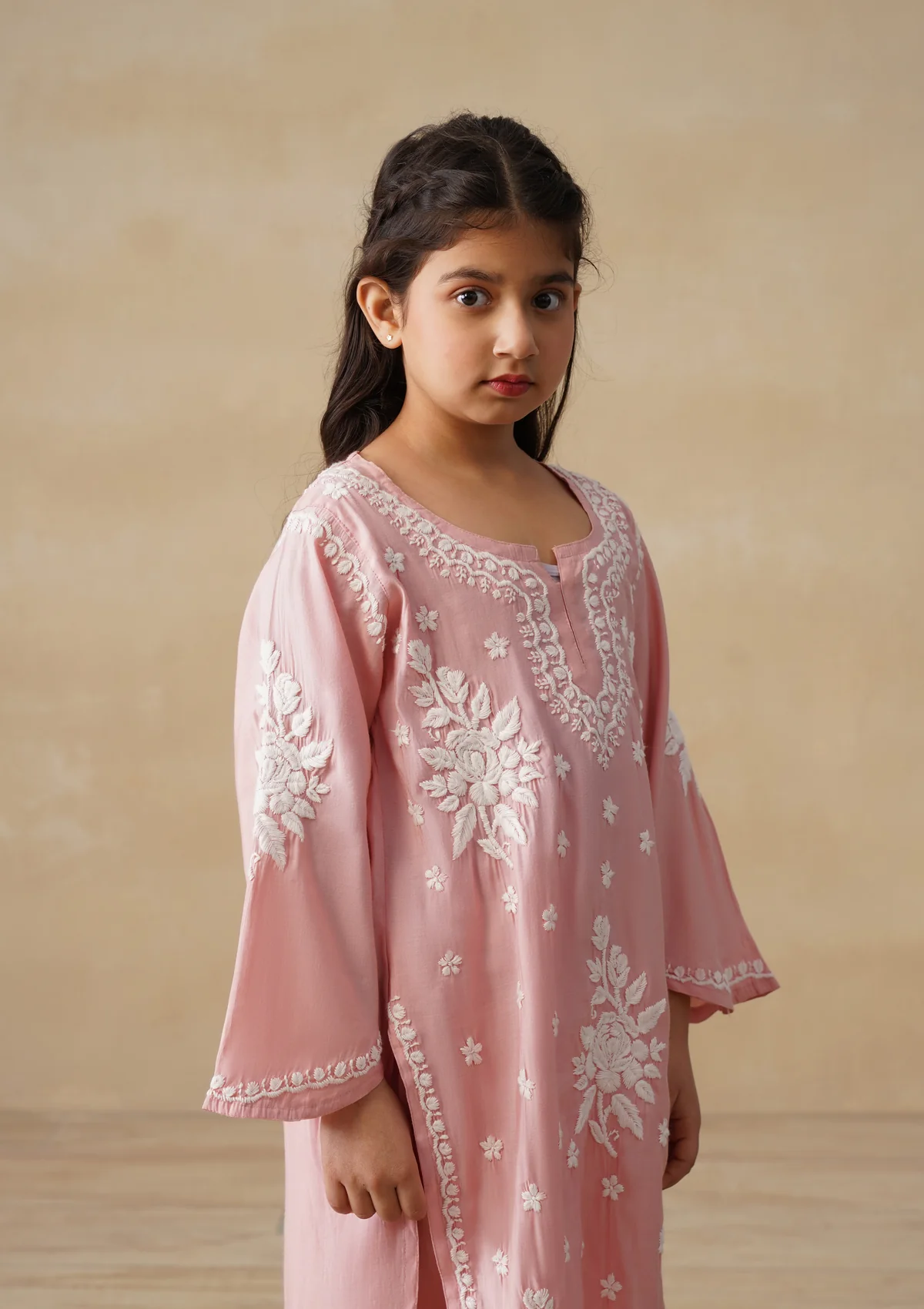 HOC Chanderi Chikankari Solid Girls 2 PC Long Kurta Set - Peach - Image 3