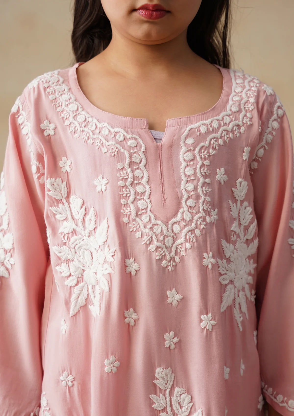 HOC Chanderi Chikankari Solid Girls 2 PC Long Kurta Set - Peach - Image 6