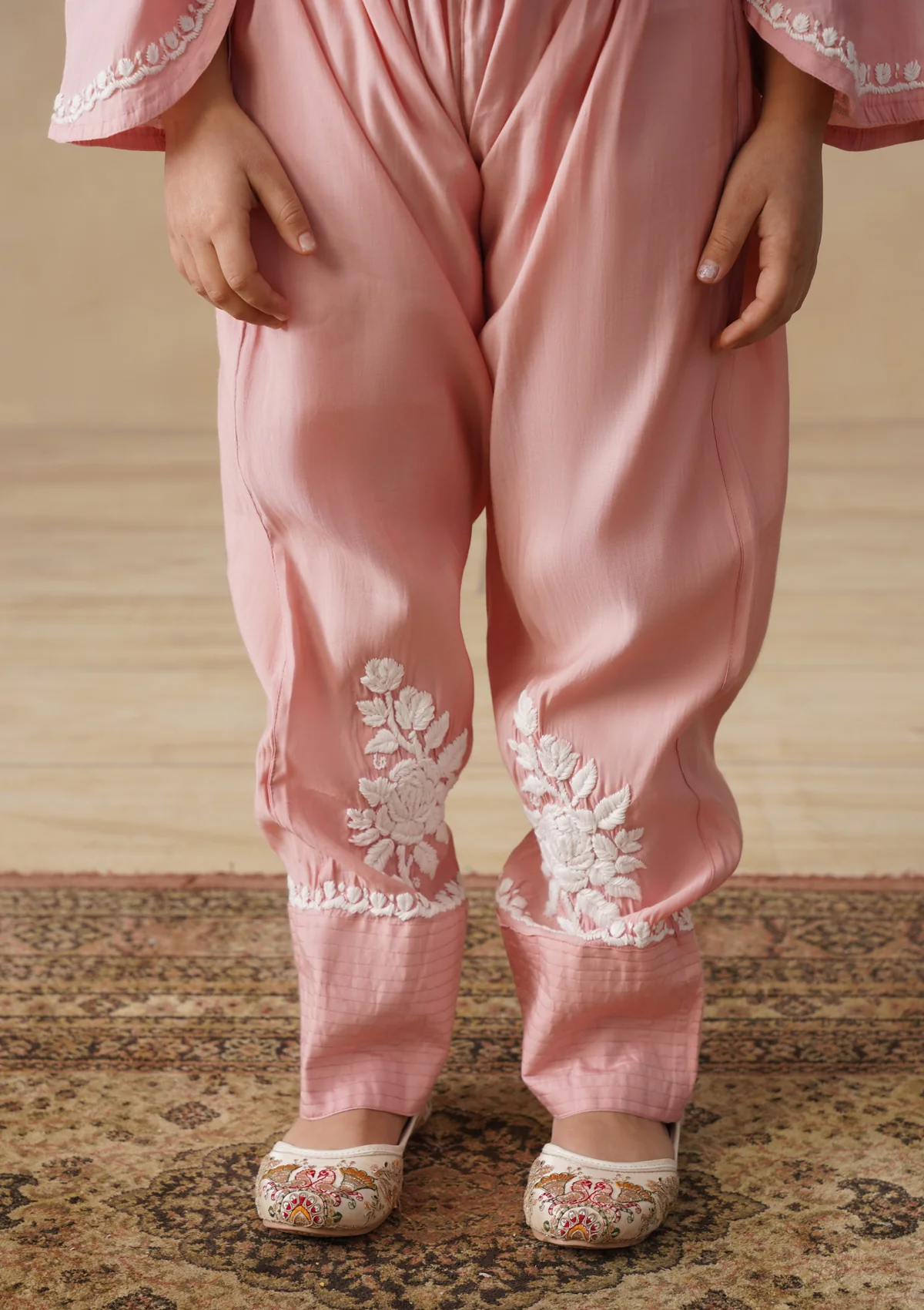 HOC Chanderi Chikankari Solid Girls 2 PC Long Kurta Set - Peach - Image 8