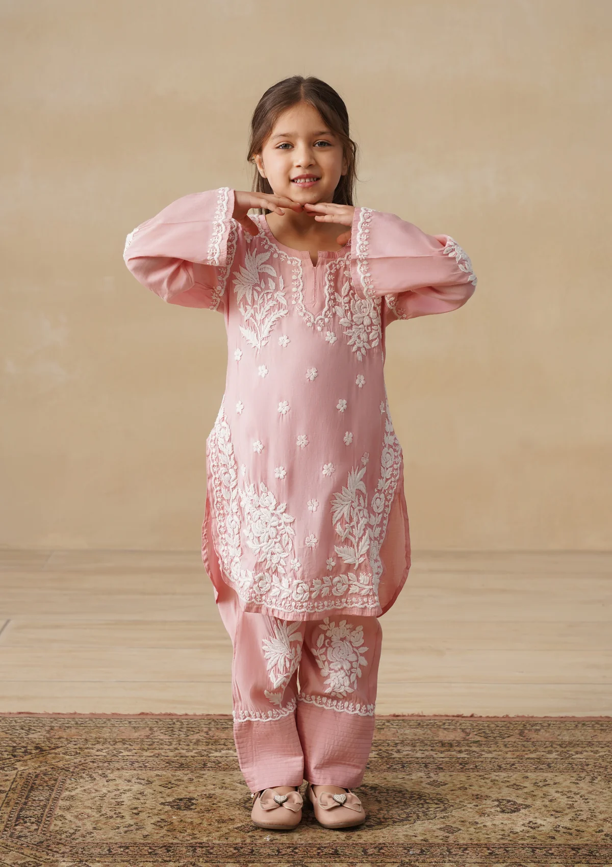 HOC Chanderi Chikankari Solid Girls 2 PC Long Kurta Set - Pink