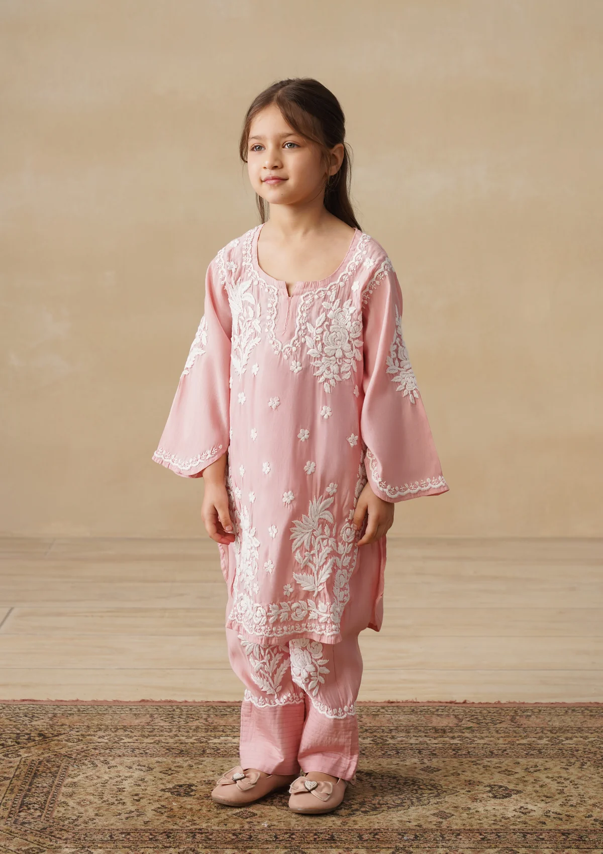 HOC Chanderi Chikankari Solid Girls 2 PC Long Kurta Set - Pink - Image 3