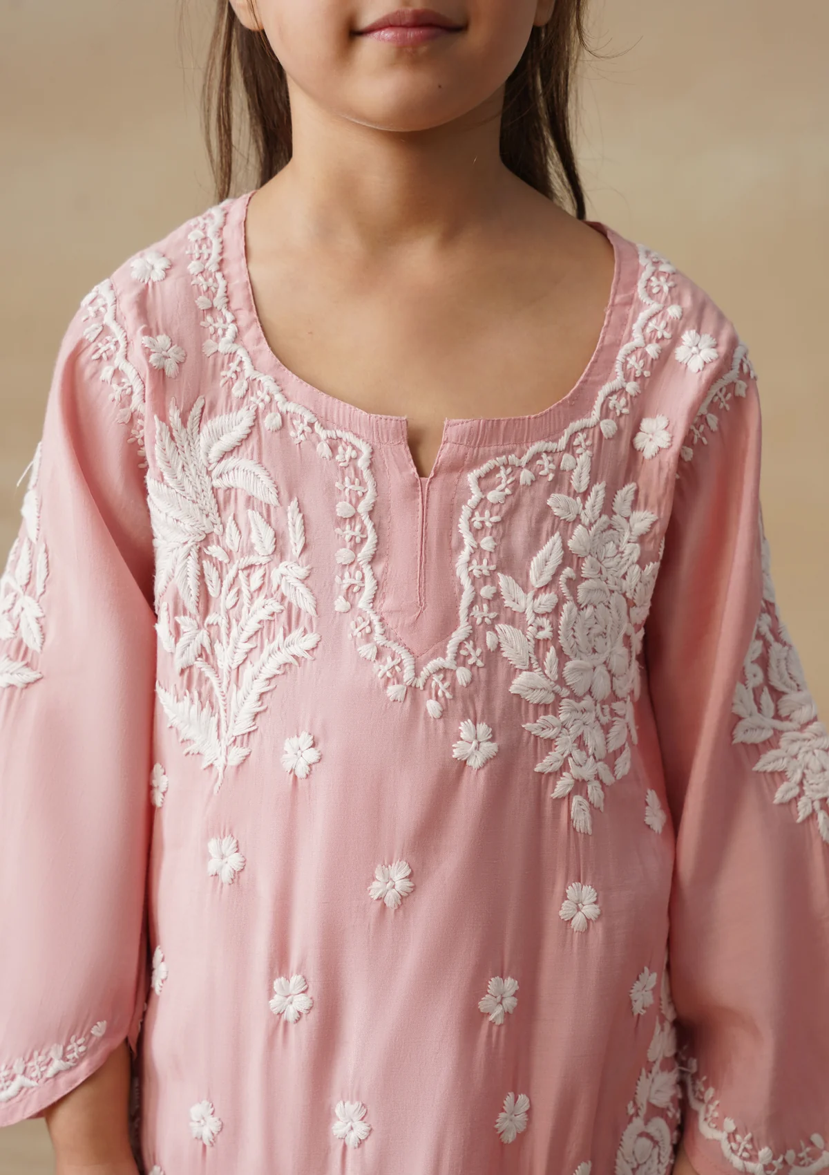 HOC Chanderi Chikankari Solid Girls 2 PC Long Kurta Set - Pink - Image 6