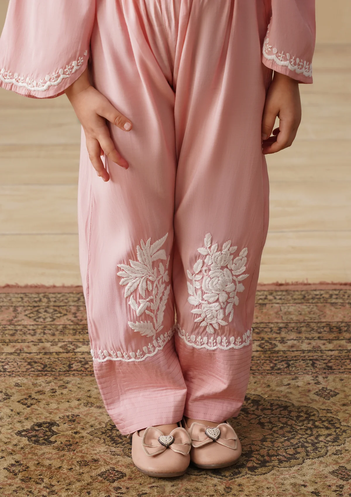 HOC Chanderi Chikankari Solid Girls 2 PC Long Kurta Set - Pink - Image 8