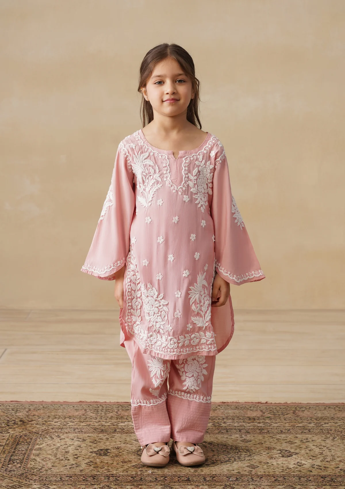 HOC Chanderi Chikankari Solid Girls 2 PC Long Kurta Set - Pink - Image 9