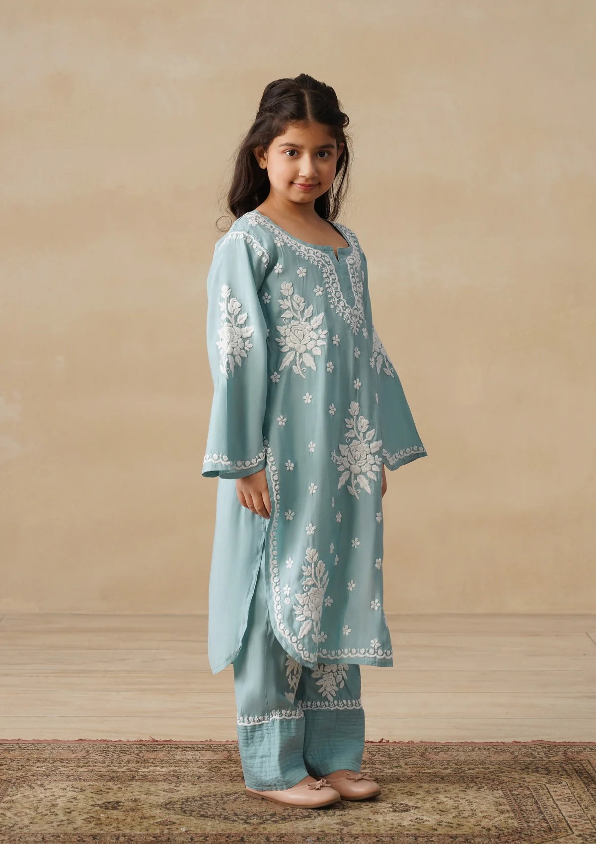 HOC Chanderi Chikankari Solid Girls 2 PC Long Kurta Set - Sage Green - Image 3