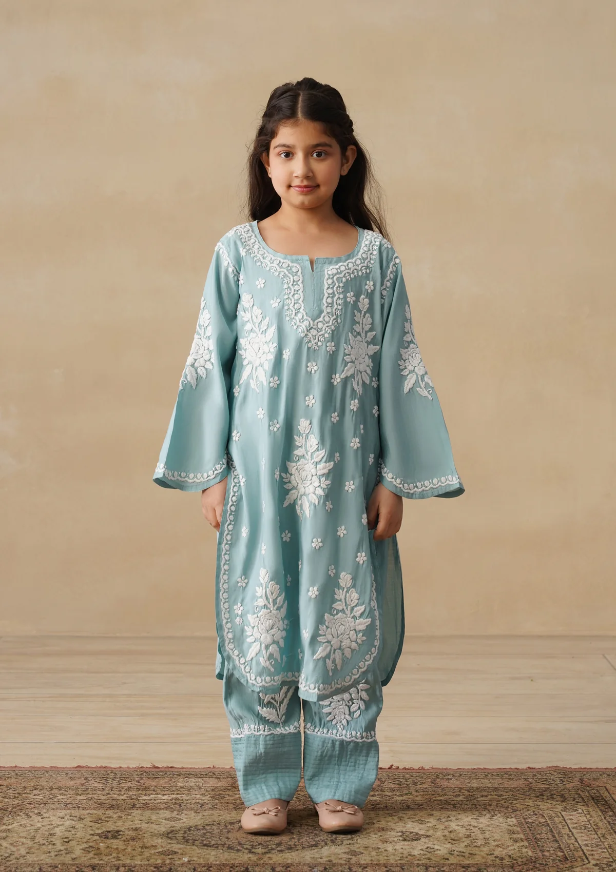 HOC Chanderi Chikankari Solid Girls 2 PC Long Kurta Set - Sage Green - Image 4