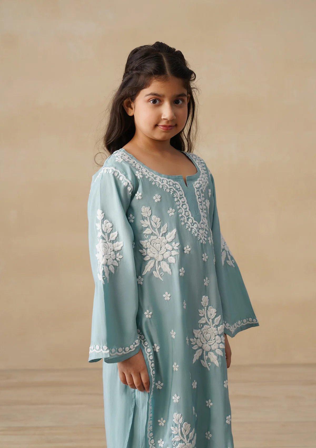 HOC Chanderi Chikankari Solid Girls 2 PC Long Kurta Set - Sage Green - Image 5