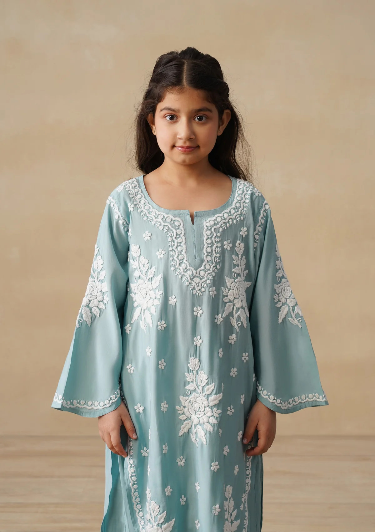 HOC Chanderi Chikankari Solid Girls 2 PC Long Kurta Set - Sage Green - Image 7