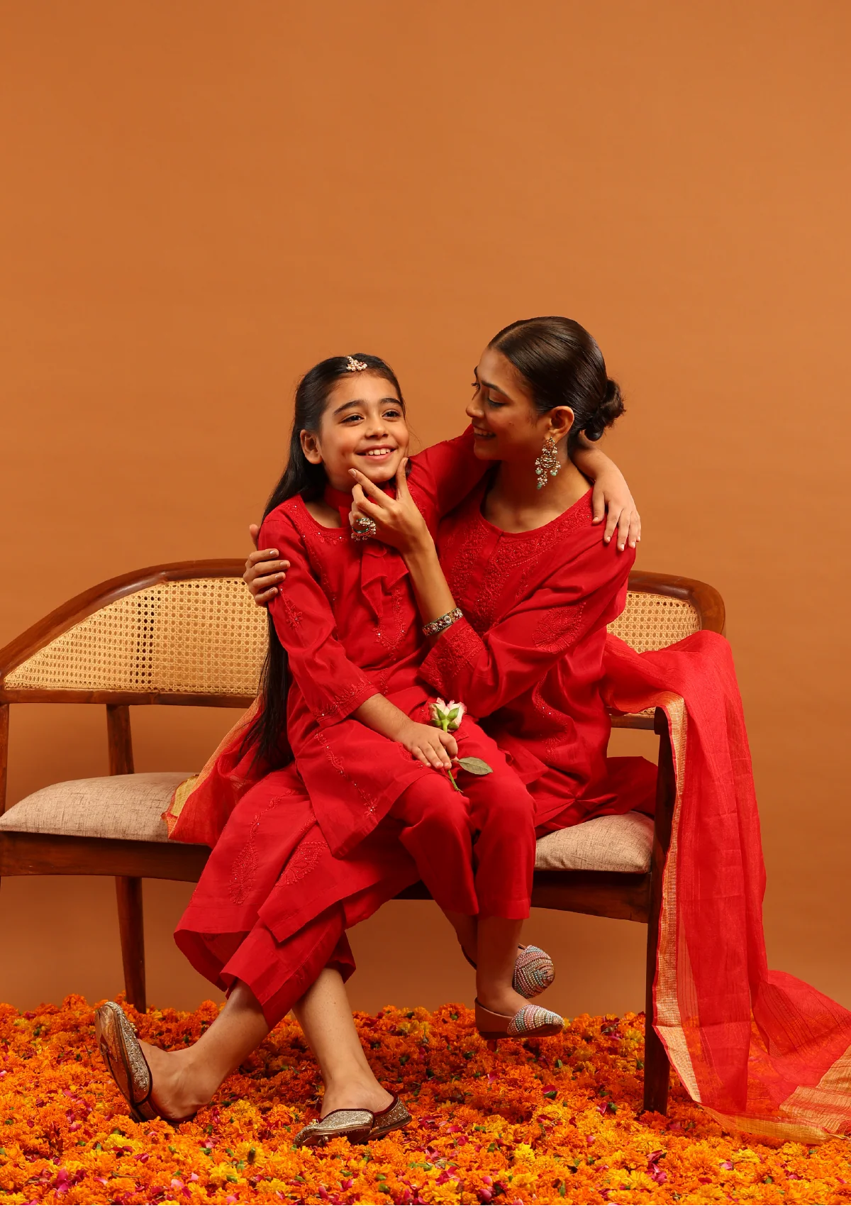 HOC Chanderi Chikankari Solid Girl's 4 PC Straight Kurta Set-Red - Image 3