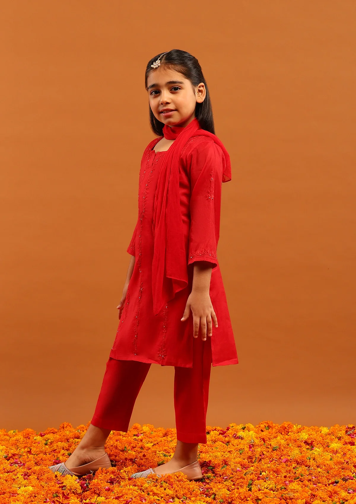HOC Chanderi Chikankari Solid Girl's 4 PC Straight Kurta Set-Red - Image 4