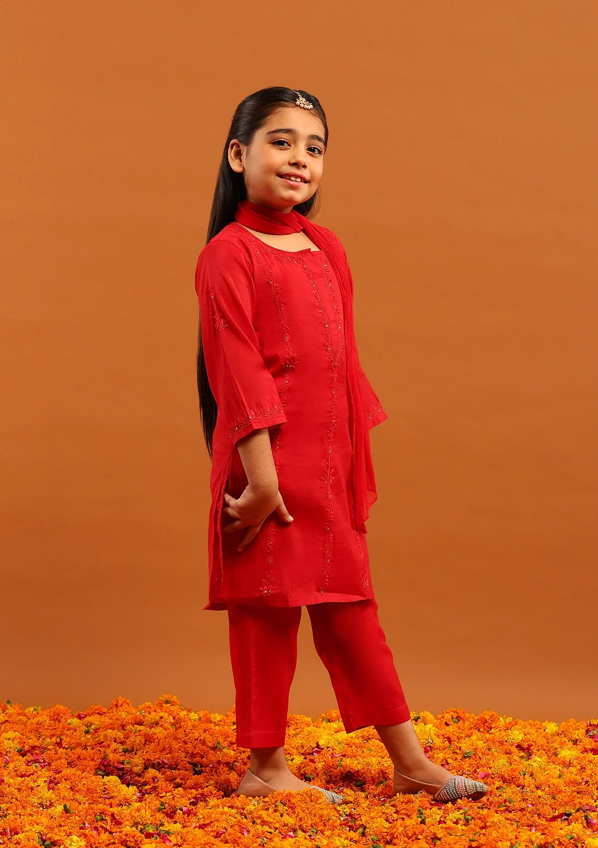 HOC Chanderi Chikankari Solid Girl's 4 PC Straight Kurta Set-Red - Image 5