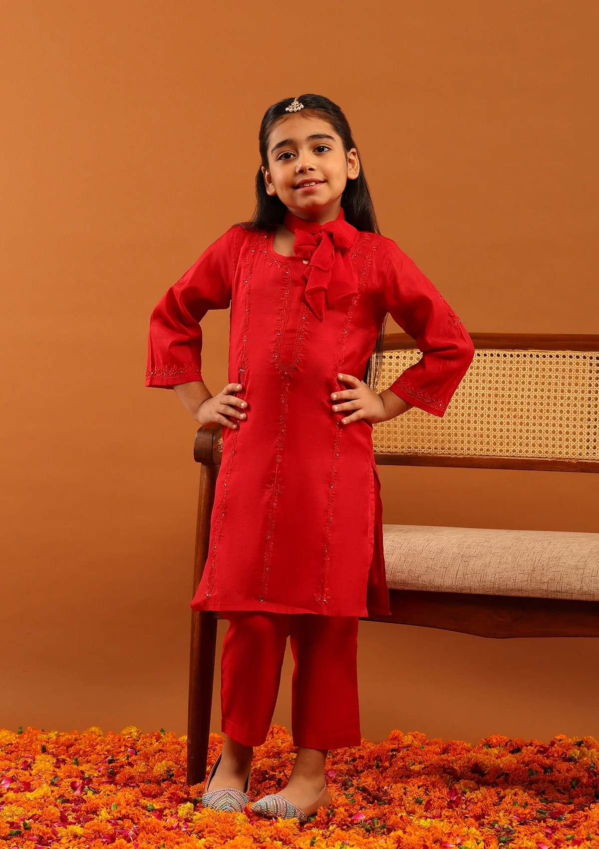 HOC Chanderi Chikankari Solid Girl's 4 PC Straight Kurta Set-Red - Image 6