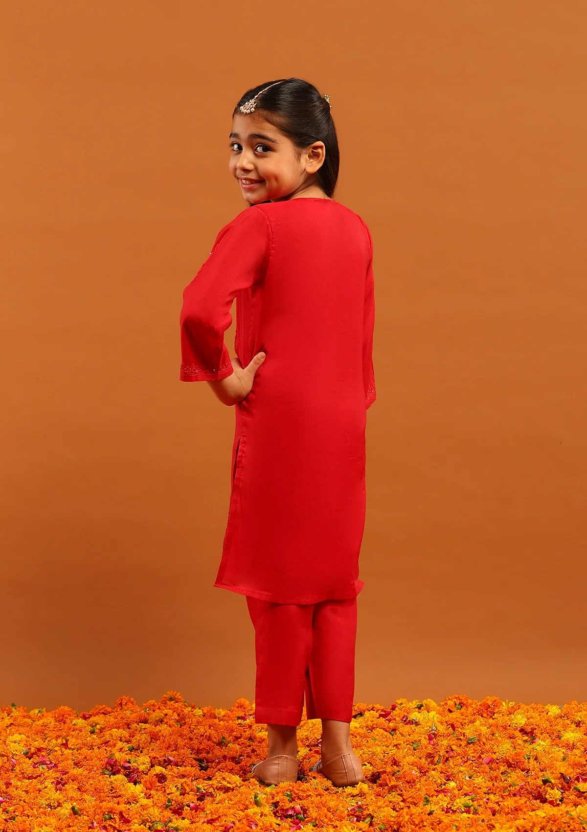 HOC Chanderi Chikankari Solid Girl's 4 PC Straight Kurta Set-Red - Image 8