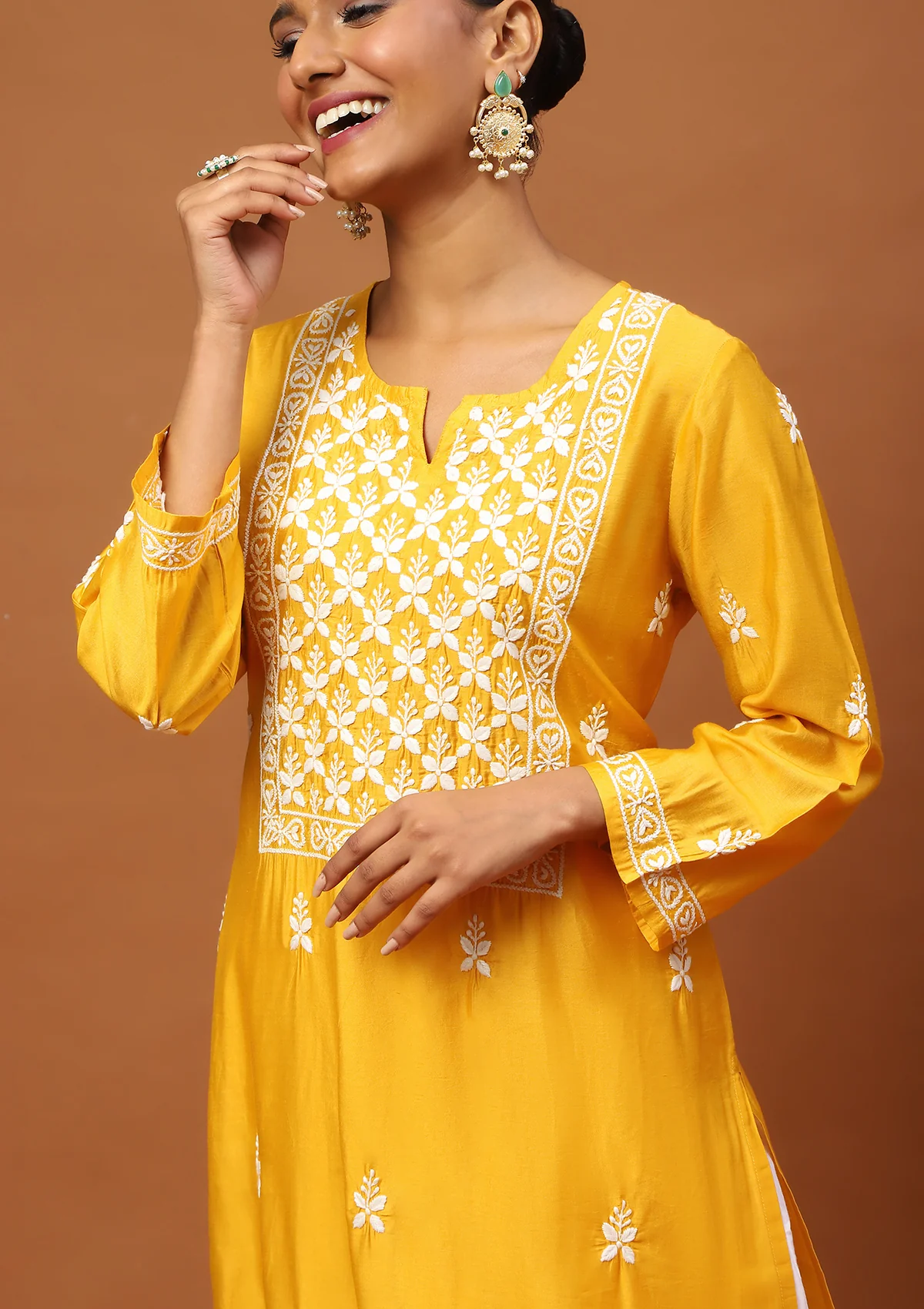 HOC Chanderi Chikankari Solid Women's Long Kurta -Mustard - Image 4