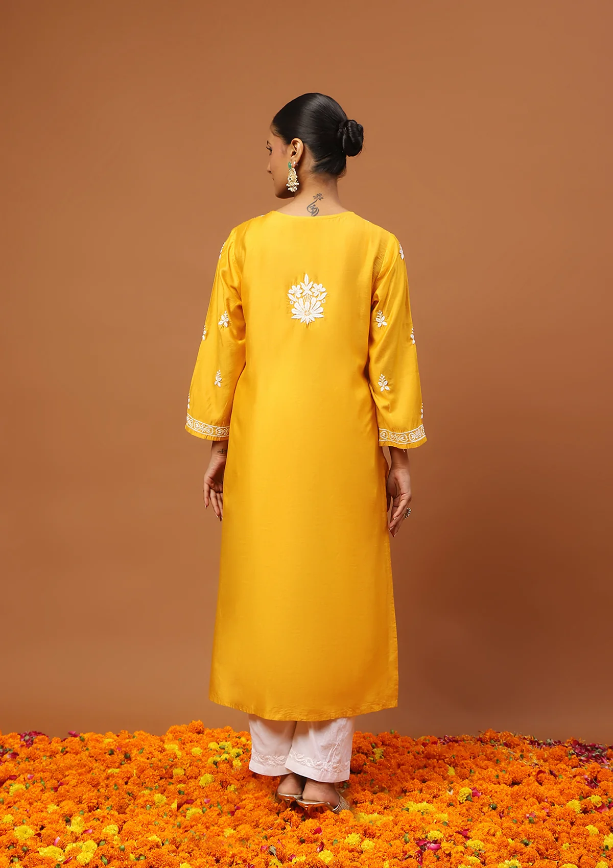 HOC Chanderi Chikankari Solid Women's Long Kurta -Mustard - Image 5
