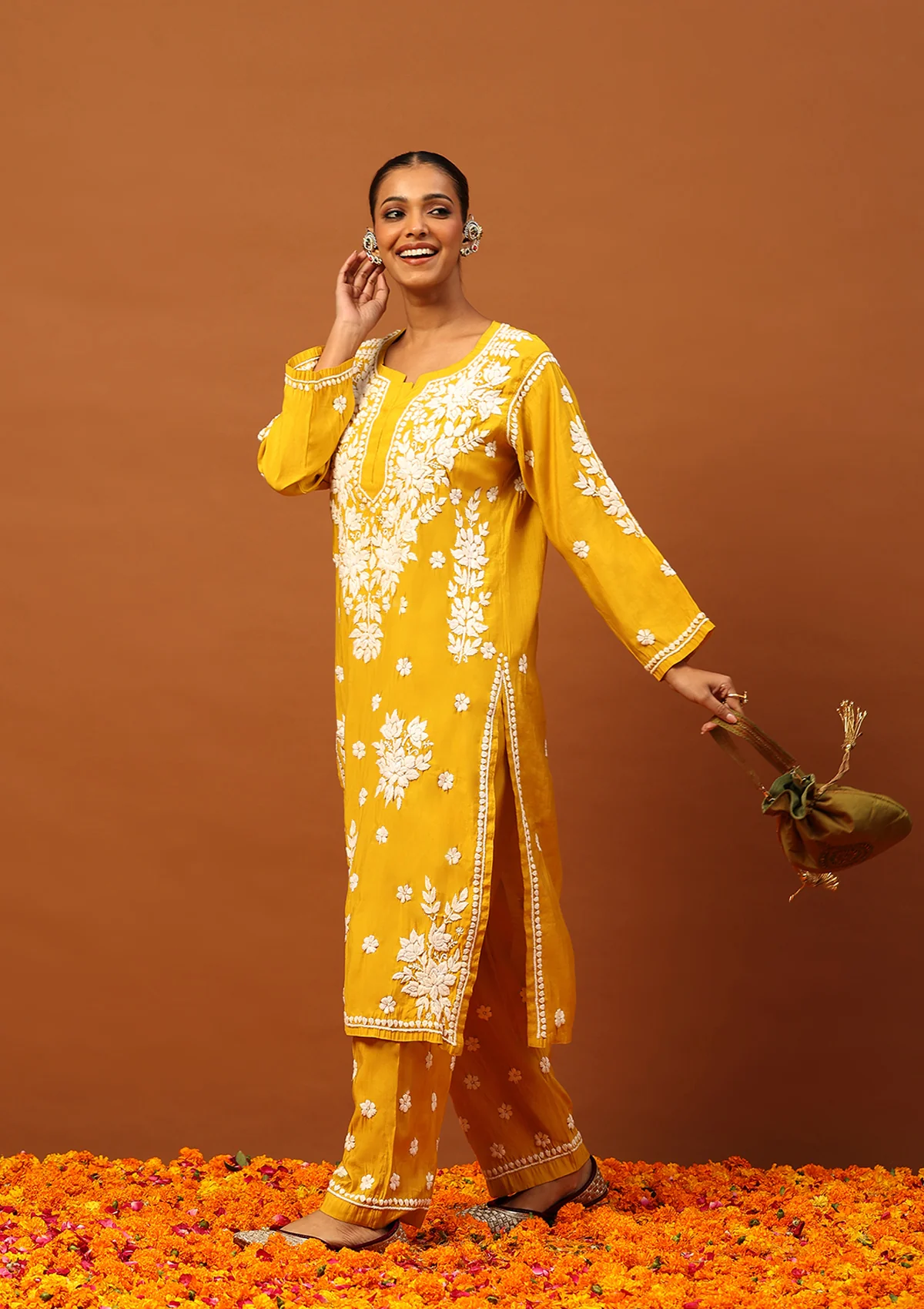 HOC Chanderi Chikankari Solid Women's 2 PC Long Kurta Set -Mustard - Image 3