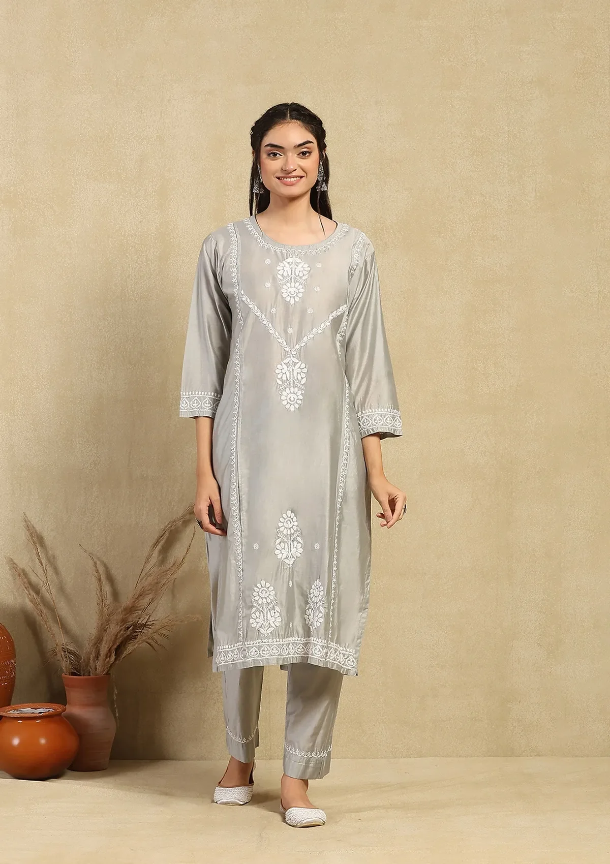 HOC Chanderi Chikankari Solid Women's 2PC Long Kurta Set -Grey