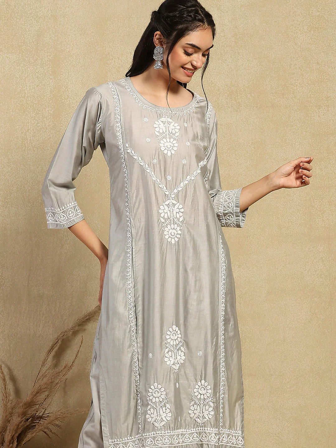 HOC Chanderi Chikankari Solid Women's 2PC Long Kurta Set -Grey - Image 4