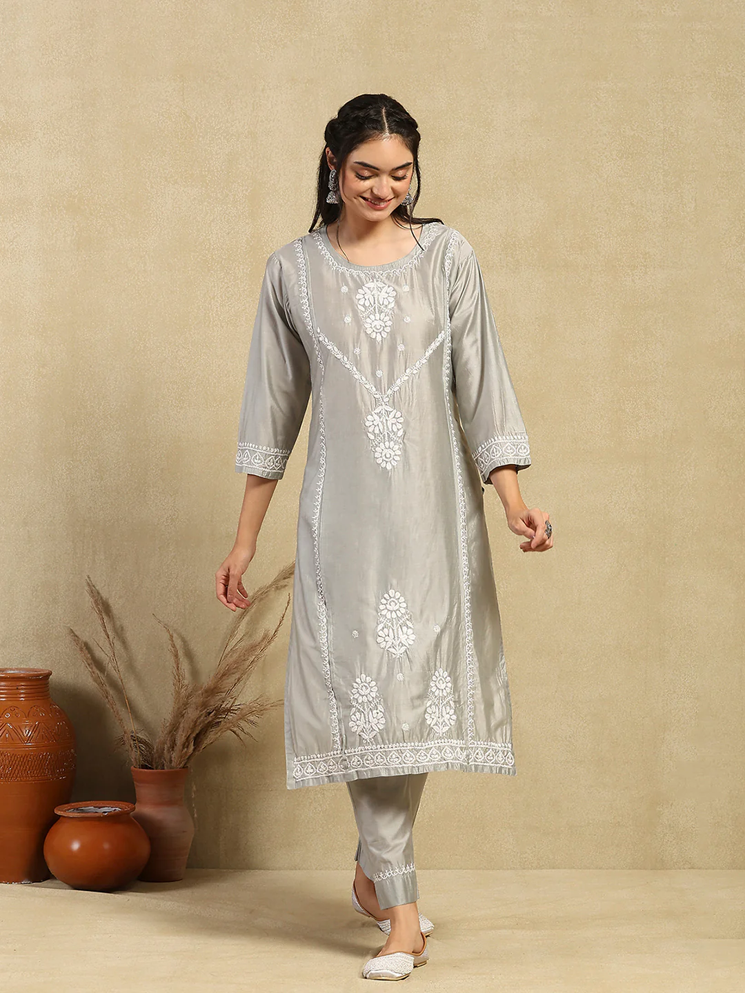 HOC Chanderi Chikankari Solid Women's 2PC Long Kurta Set -Grey - Image 5