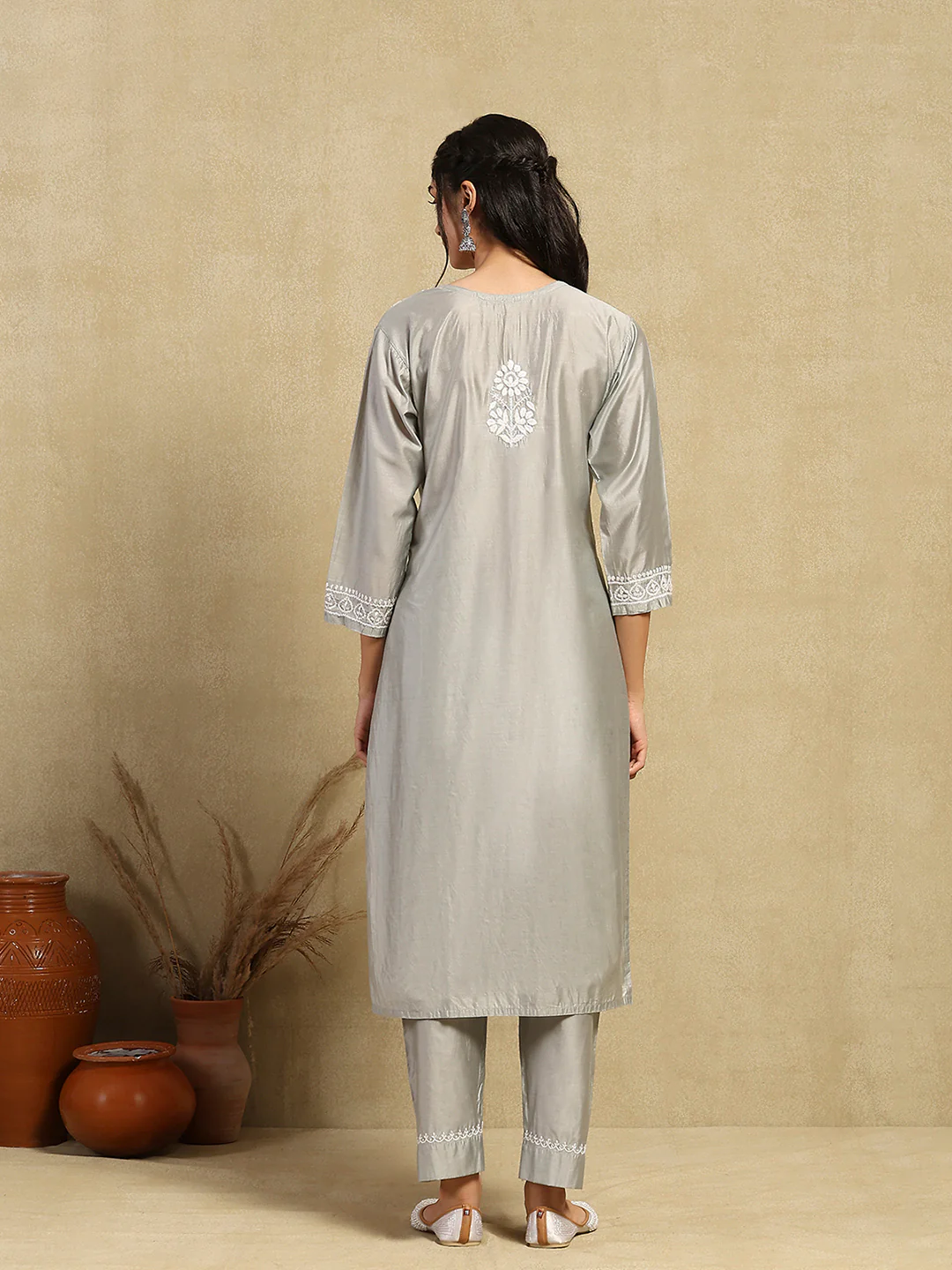 HOC Chanderi Chikankari Solid Women's 2PC Long Kurta Set -Grey - Image 7