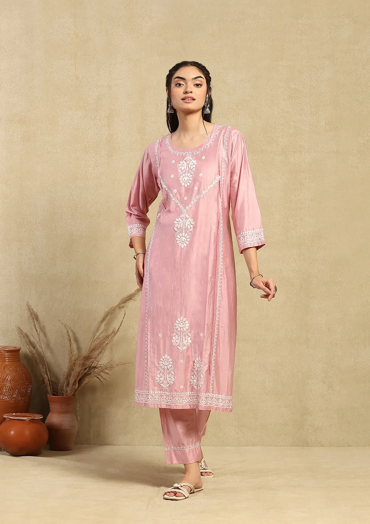 HOC Chanderi Chikankari Solid Women's 2PC Long Kurta Set -Pink