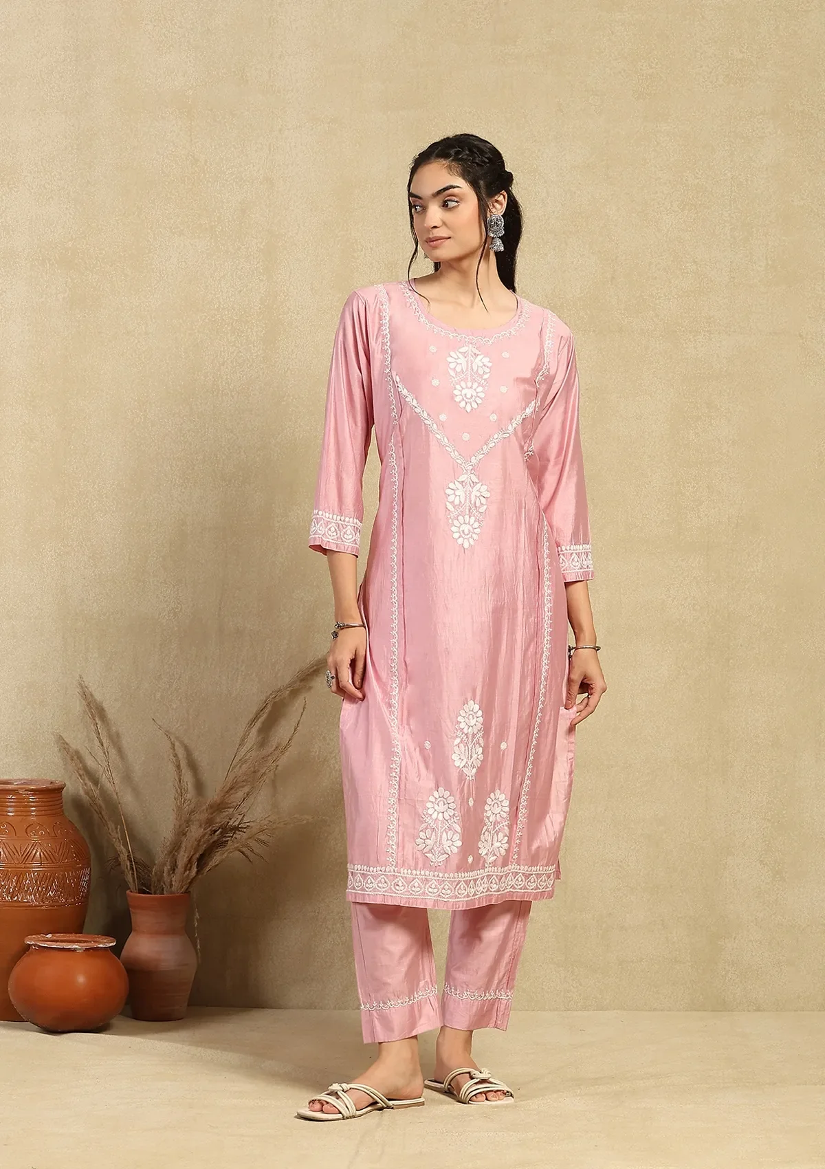 HOC Chanderi Chikankari Solid Women's 2PC Long Kurta Set -Pink - Image 5