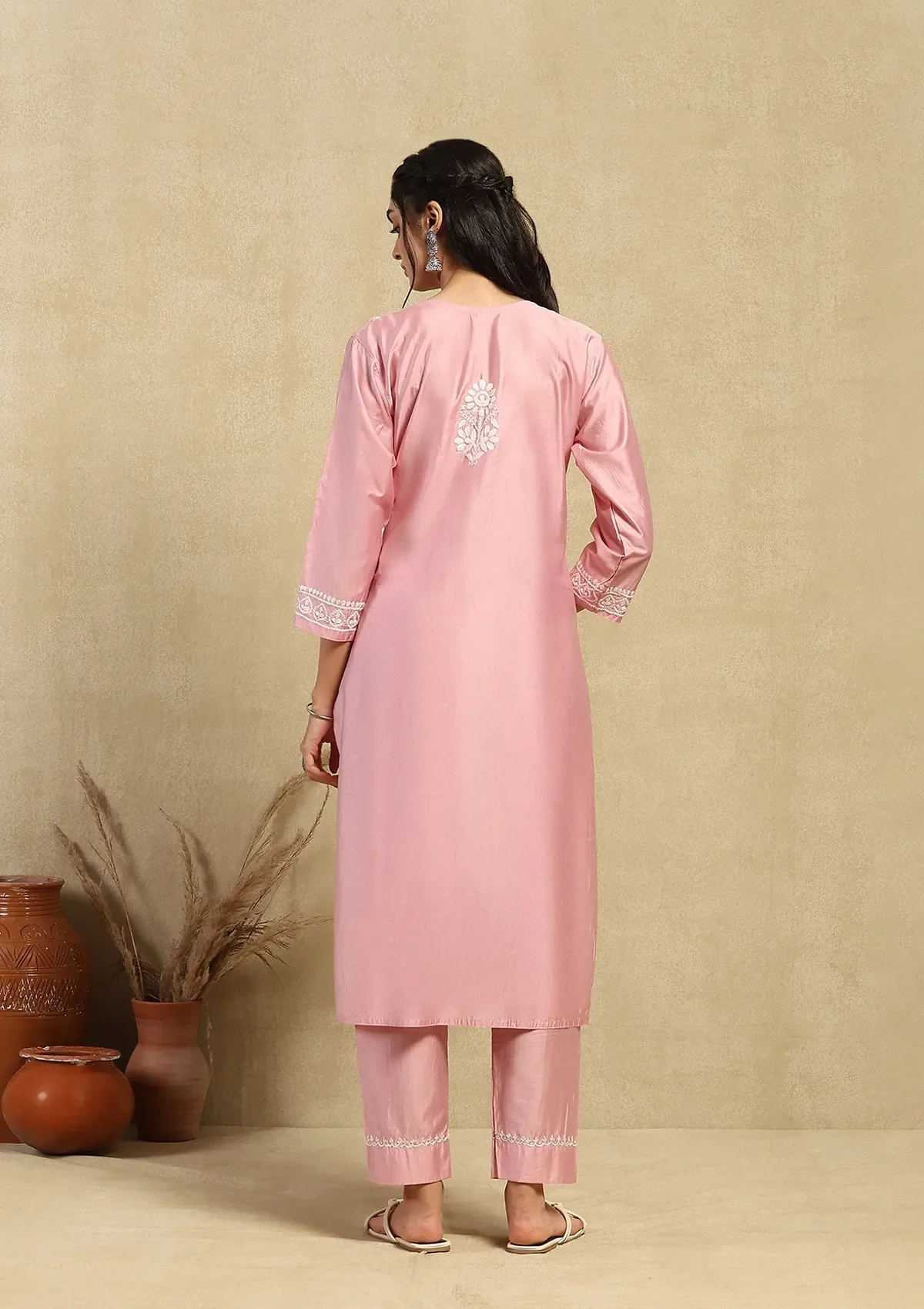 HOC Chanderi Chikankari Solid Women's 2PC Long Kurta Set -Pink - Image 8