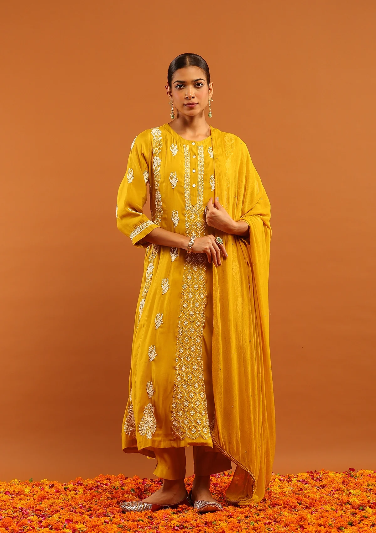 HOC Chanderi Chikankari Solid Women's 3 PC Anarkali Kurta Set-Yellow