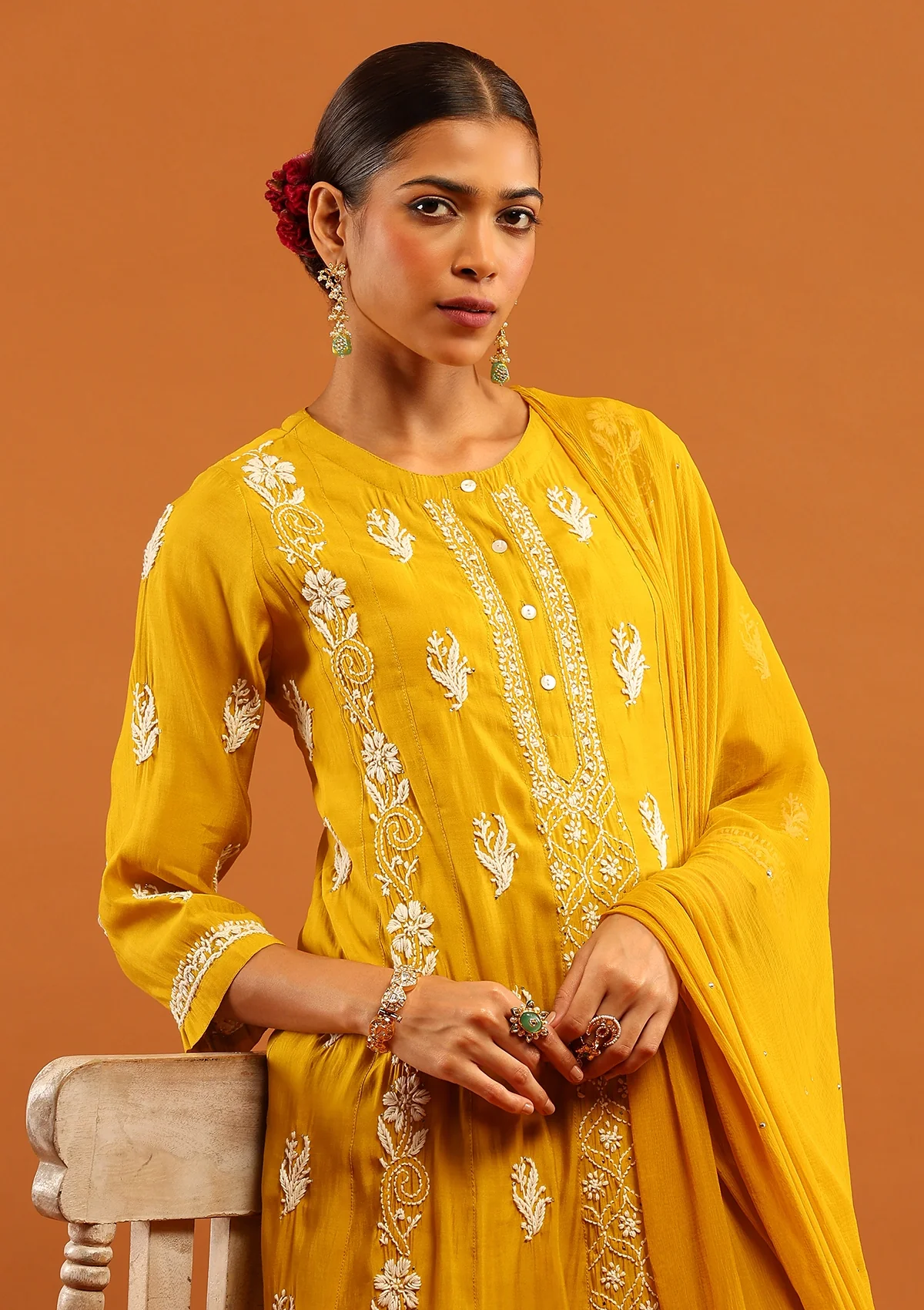 HOC Chanderi Chikankari Solid Women's 3 PC Anarkali Kurta Set-Yellow - Image 2