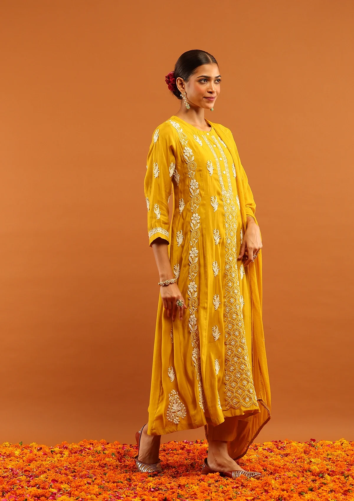 HOC Chanderi Chikankari Solid Women's 3 PC Anarkali Kurta Set-Yellow - Image 3